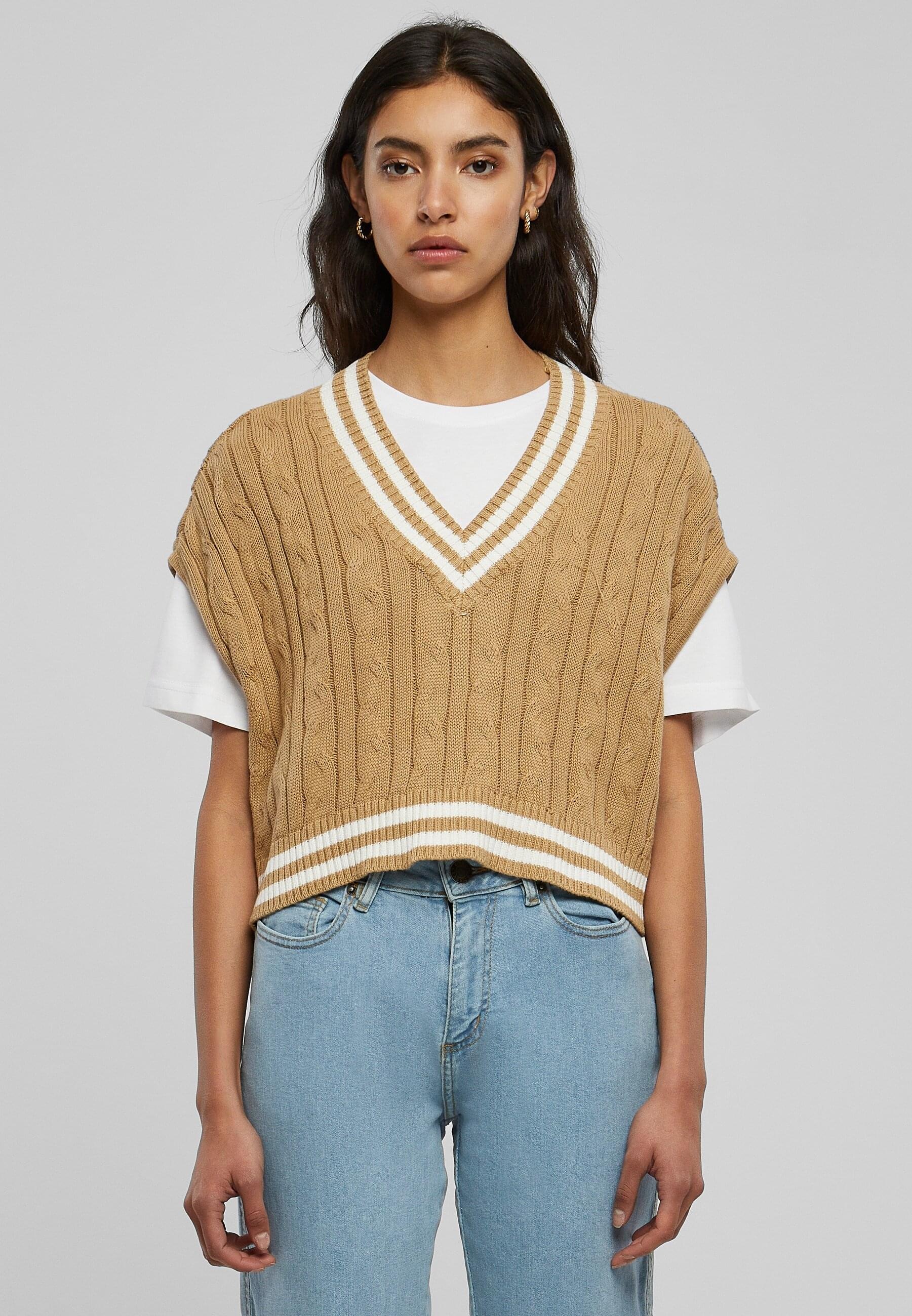 URBAN CLASSICS Rundhalspullover »Urban Classics Damen Ladies Cropped Knit College Slipover«, (1 tlg.)