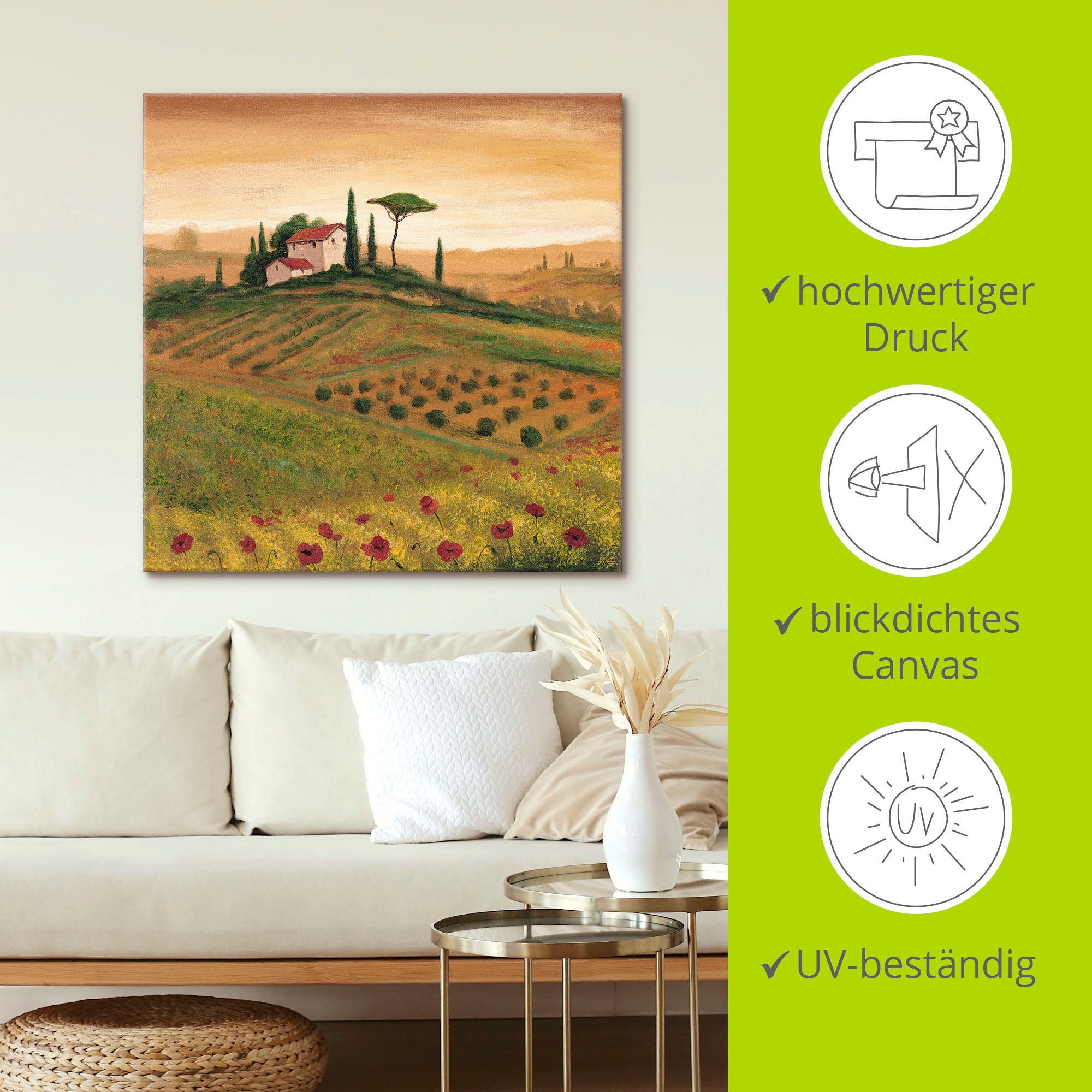 Artland Leinwandbild »Toskanalandschaft mit Mohnblumen I«, Bilder von Europa, (1 St.), auf Keilrahmen gespannt