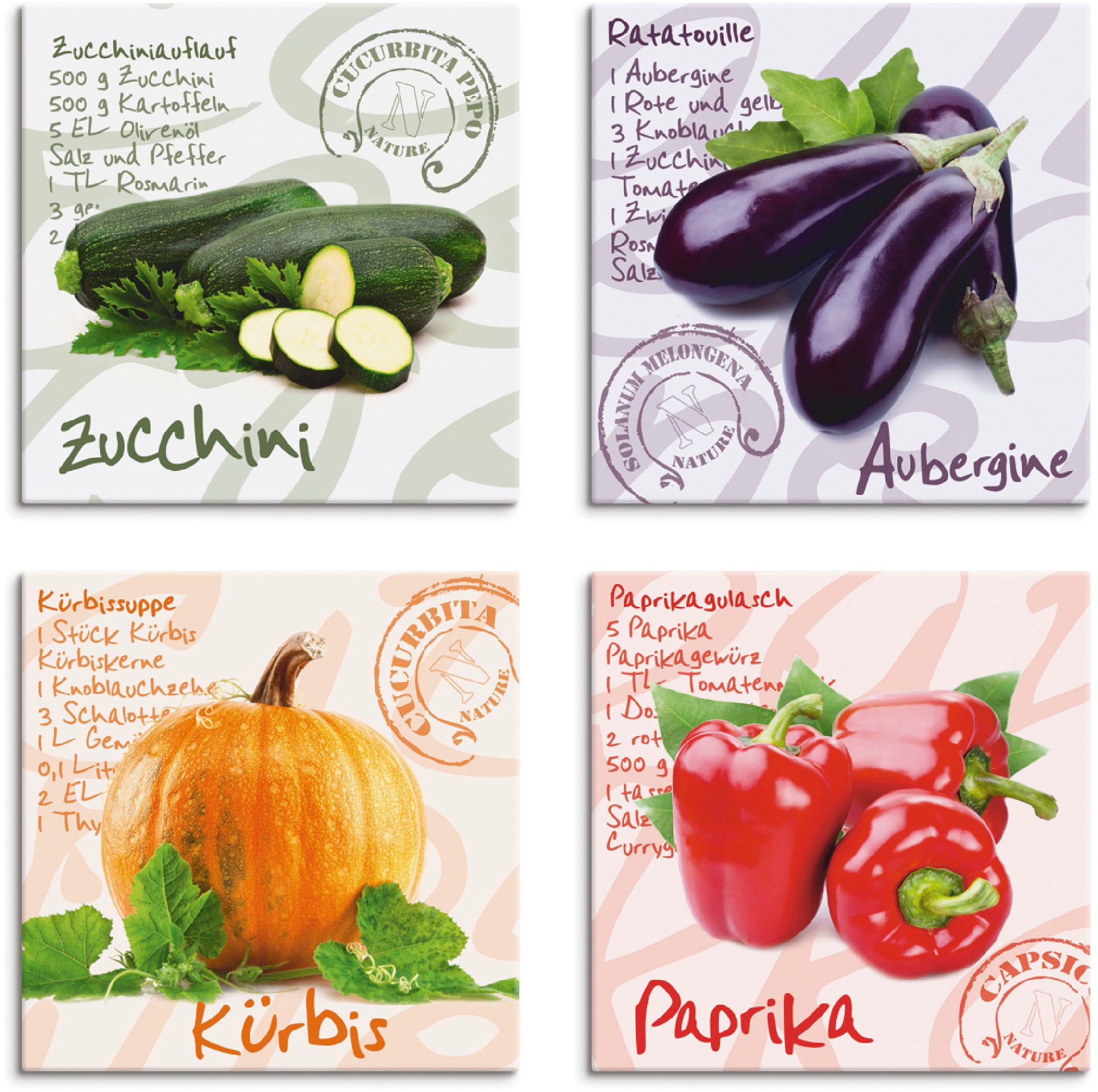 Artland Leinwandbild »Zucchini, Aubergine, Kürbis, Paprika«, Lebensmittel, (4 St.), 4er Set, verschiedene Größen