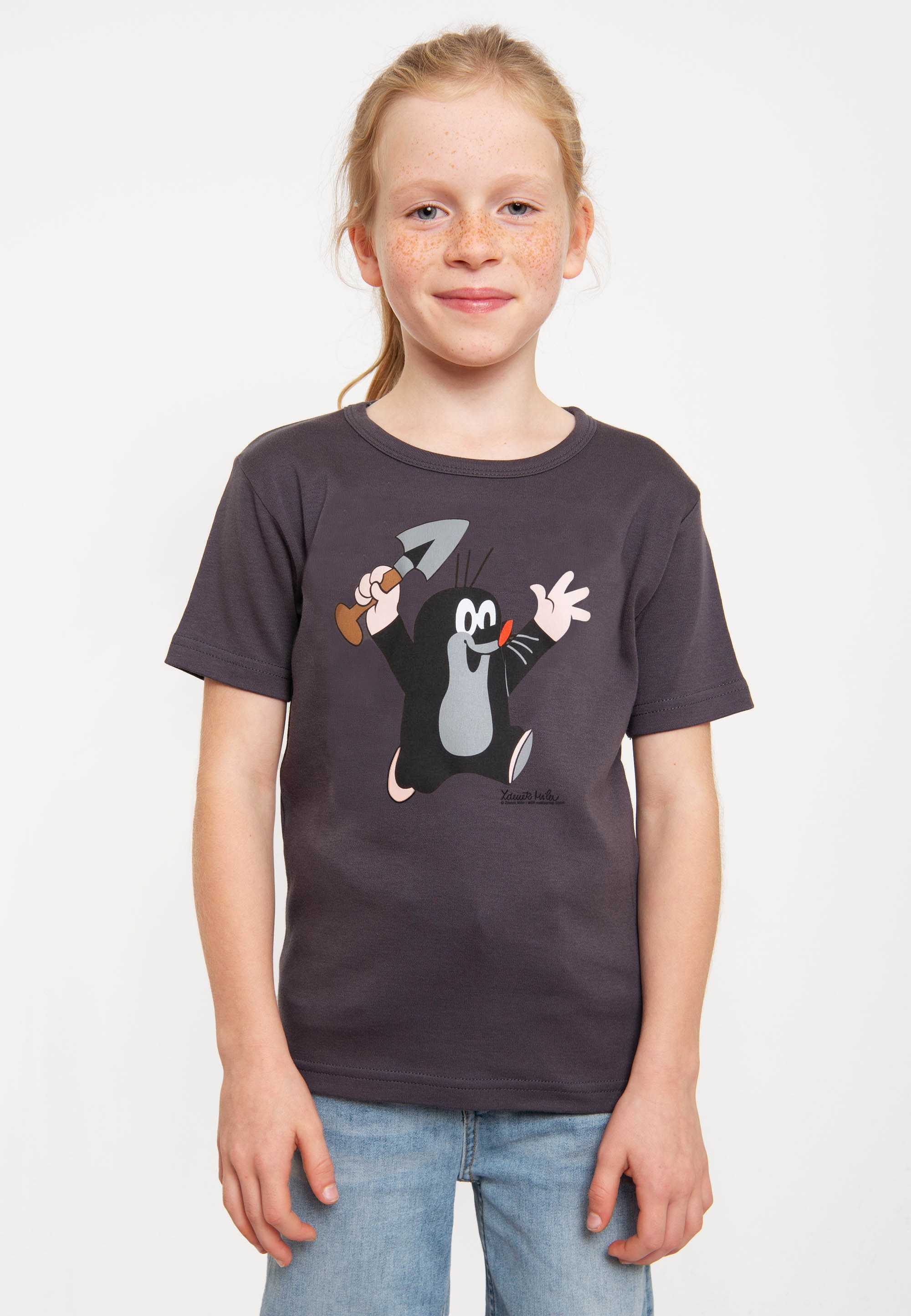 T-Shirt LOGOSHIRT "Der kleine Maulwurf", Mädchen, Gr. 122/134, blau (blau, grau), 100% Baumwolle, bedruckt, normal, Rundhals, Shirts T-Shirt, mit lizenzierten Originaldesign