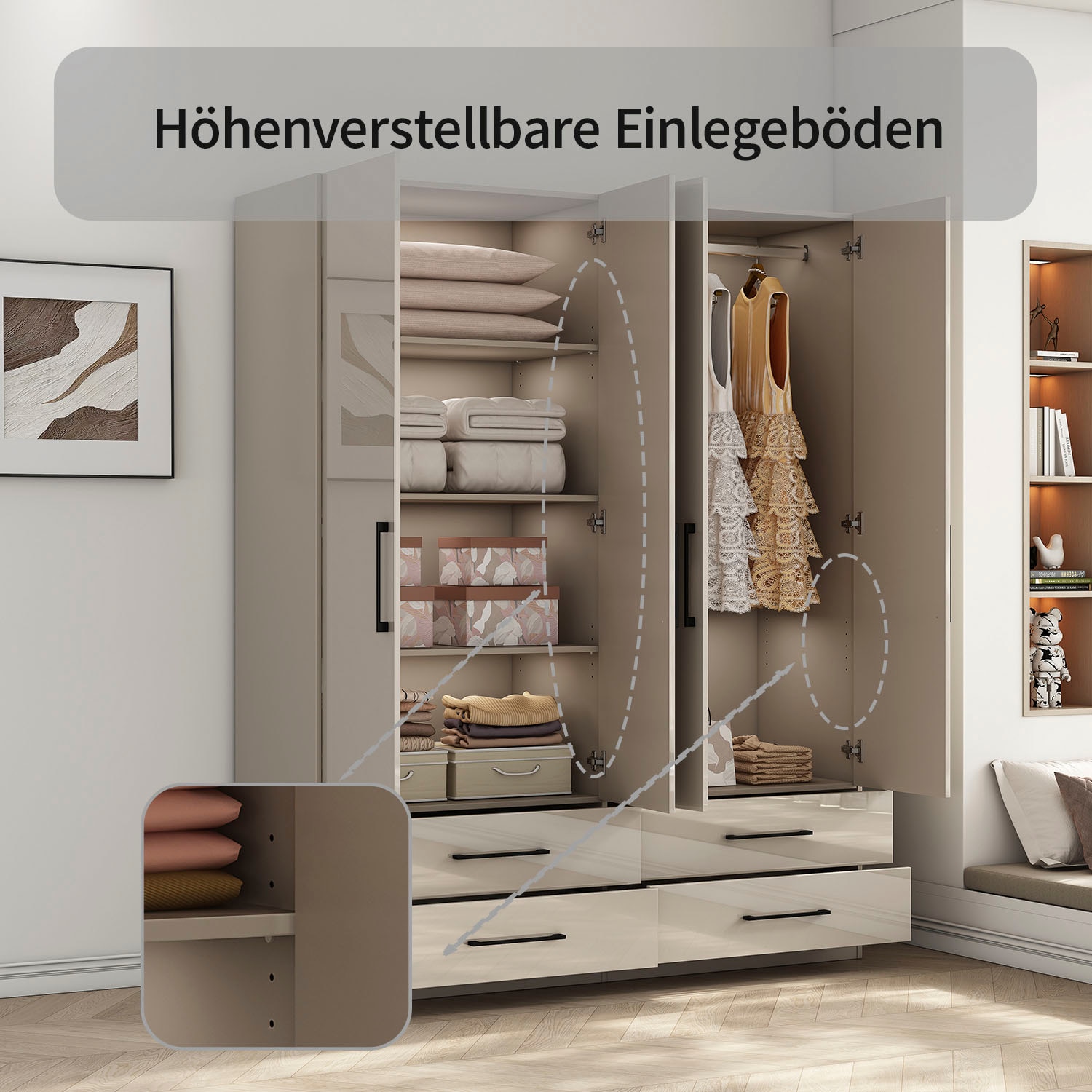 OTTO home Kleiderschrank »Sylt Schlafzimmerschrank Bestseller mit hochglänzenden Fronten« Drehtürenschrank mit 4 Schubladen und 4 Türen,  Schrank in Breite 160 mit viel Stauraum