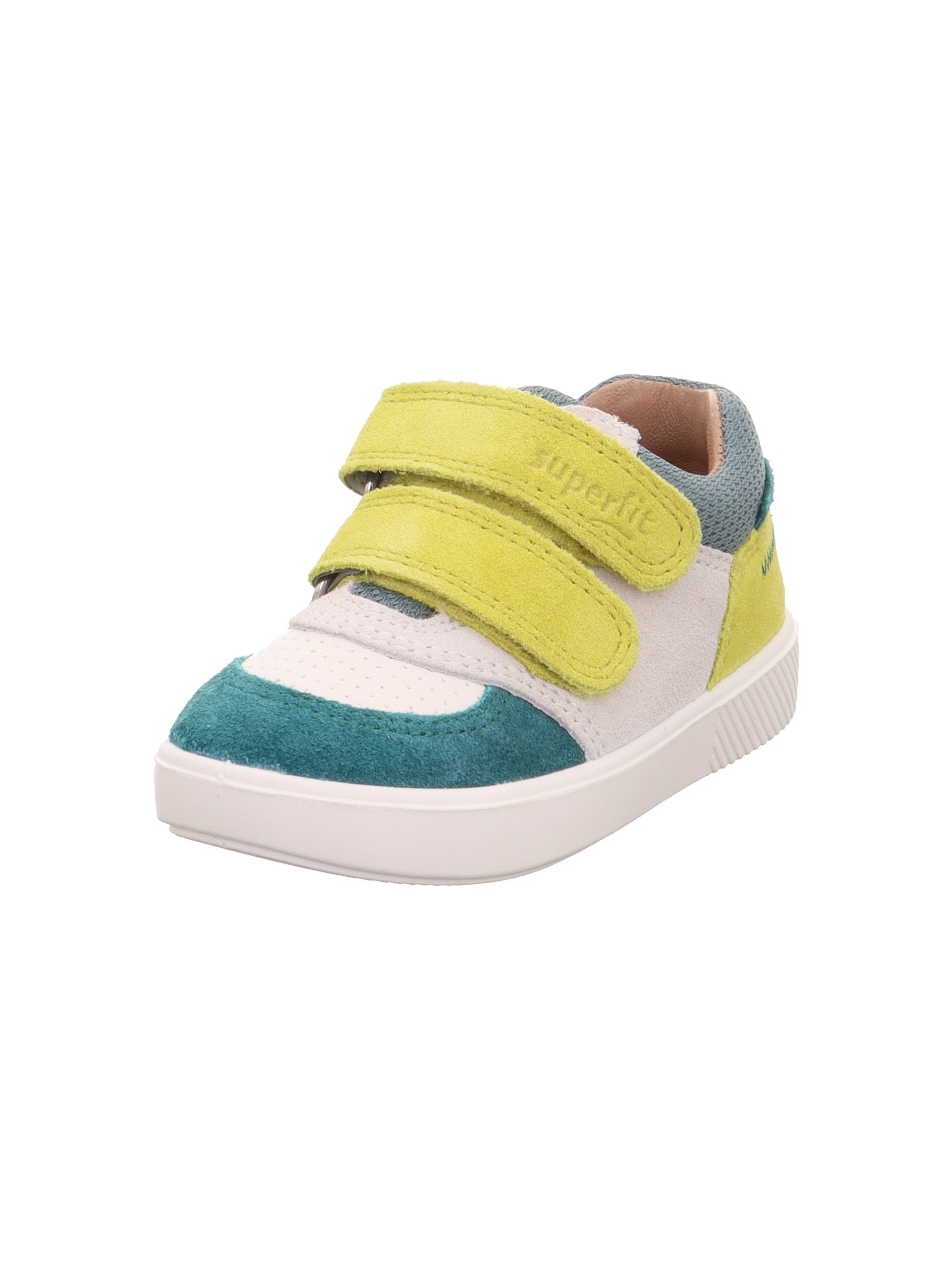 Klettschuh SUPERFIT "SUPIES WMS: mittel", Kinder, Gr. 27, gelb kombiniert, Nappaleder, Polyester, Veloursleder, mehrfarbig, Schuhe Klettschuh, Sneaker, Freizeitschuh im Retro Look, Größenschablone zum Download