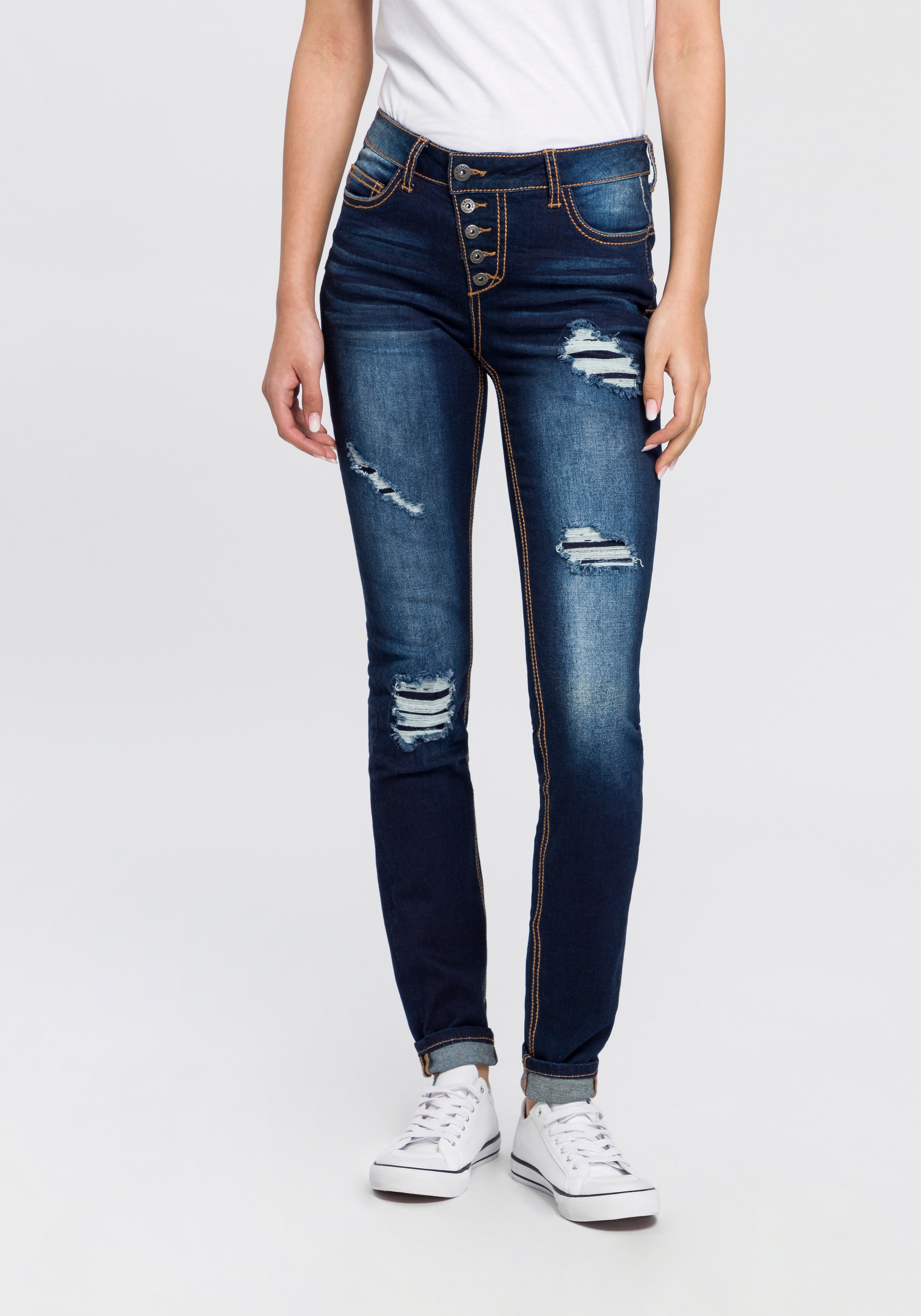 Arizona Slim-fit-Jeans bestellen »mit sichtbarer, schräger Mid Knopfleiste«, für BAUR | Waist