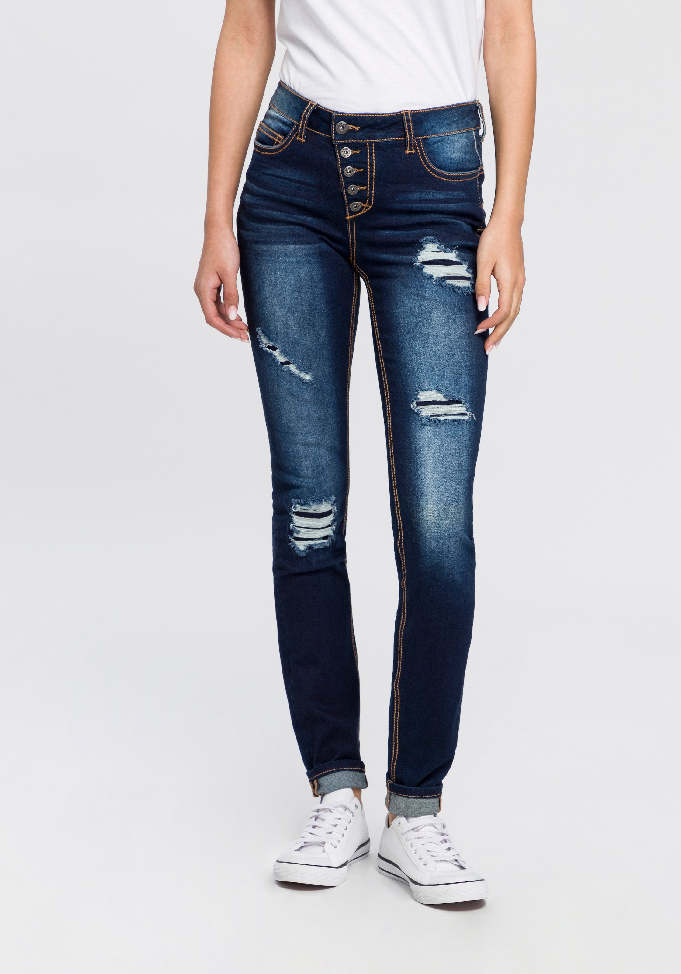 »mit Waist für BAUR Arizona sichtbarer, | Mid bestellen Slim-fit-Jeans Knopfleiste«, schräger