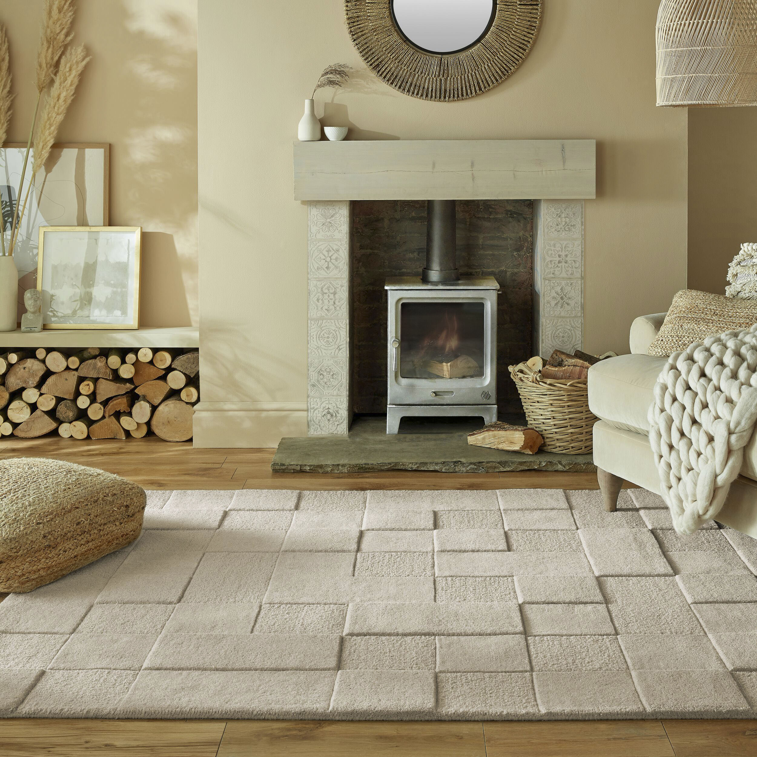 FLAIR RUGS Wollteppich "CHECKERBOARD" rechteckig 10 mm Höhe Hoch-Tief-Effekt, Wohnzimmer, Schlafzimmer, 100 % Wollflor