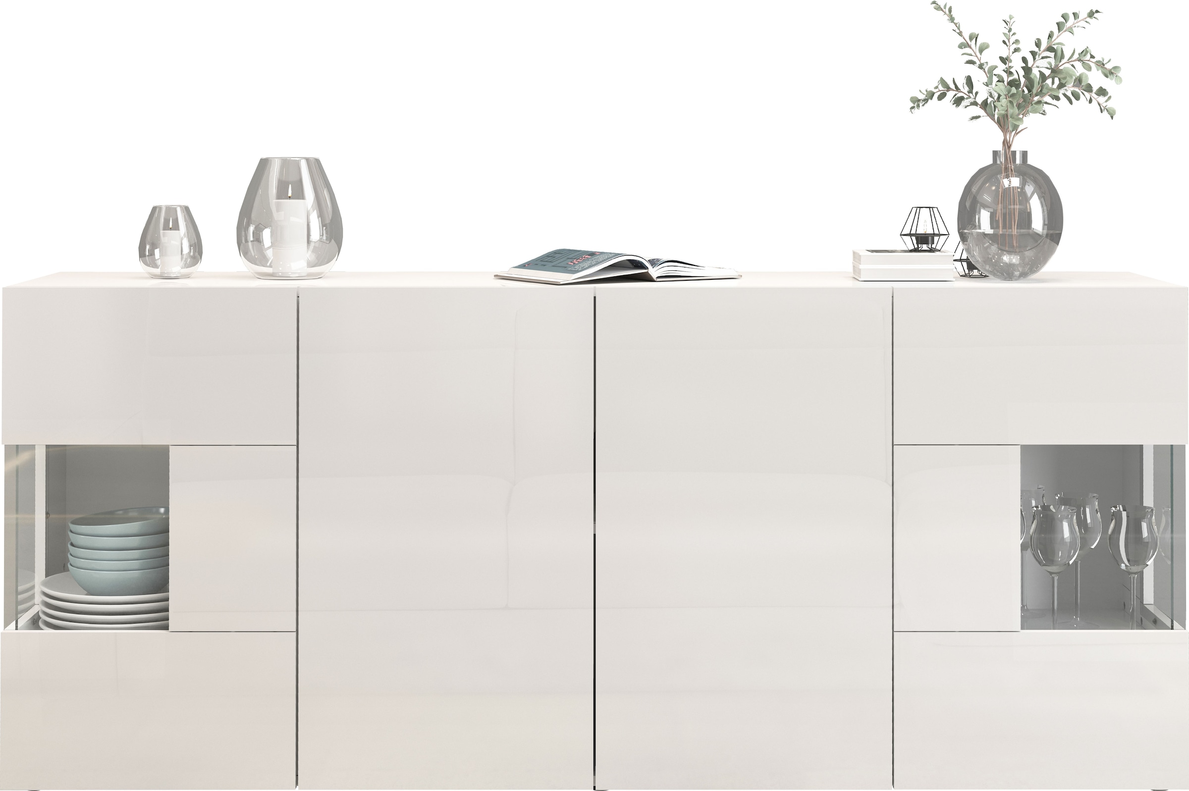 INOSIGN Sideboard »Egypt, Kommode, Schrank, Kredenz, Vitrine grifflos«, 4 Türen davon 2 mit Glaseinsatz, kompl. Hochglanz lackiert, Breite 180