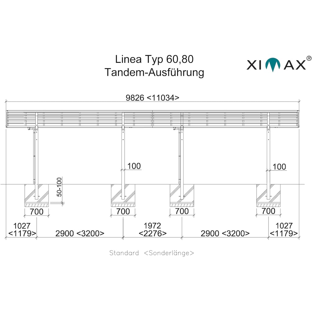 Ximax Doppelcarport »Linea Typ 80 Tandem-Edelstahl-Look«, Aluminium, 257 cm, edelstahlfarben