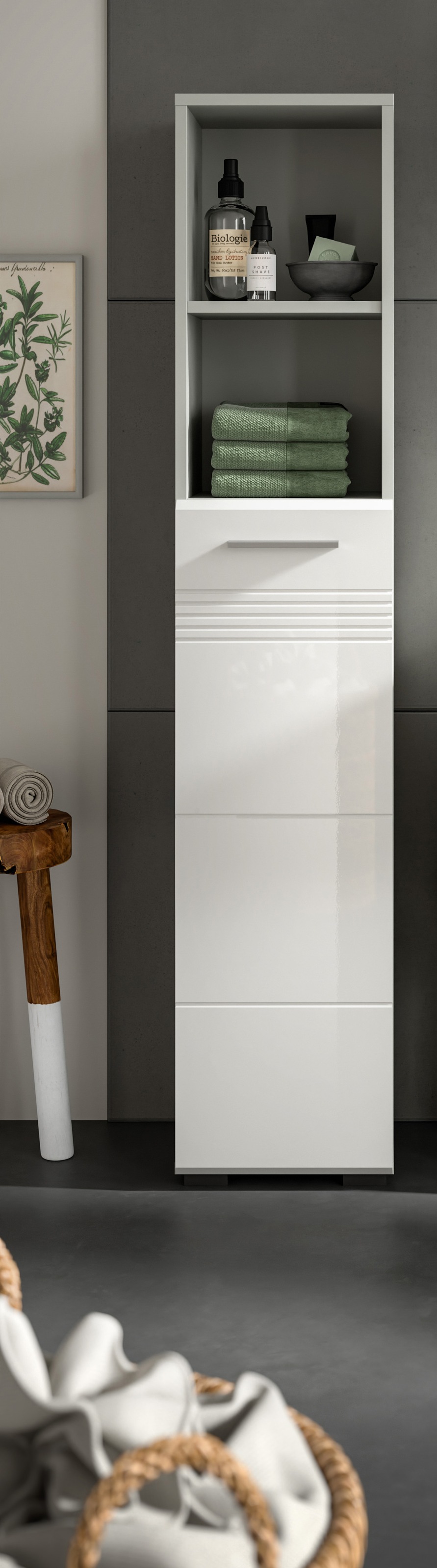 welltime Hochschrank »Calcio, Höhe 150 cm, 1 Tür, 2 offene Fächer, 3 Einlegeböden«, Türanschlag wechselbar, MDF Front, Badschrank, Bad-Möbel, Badezimmer