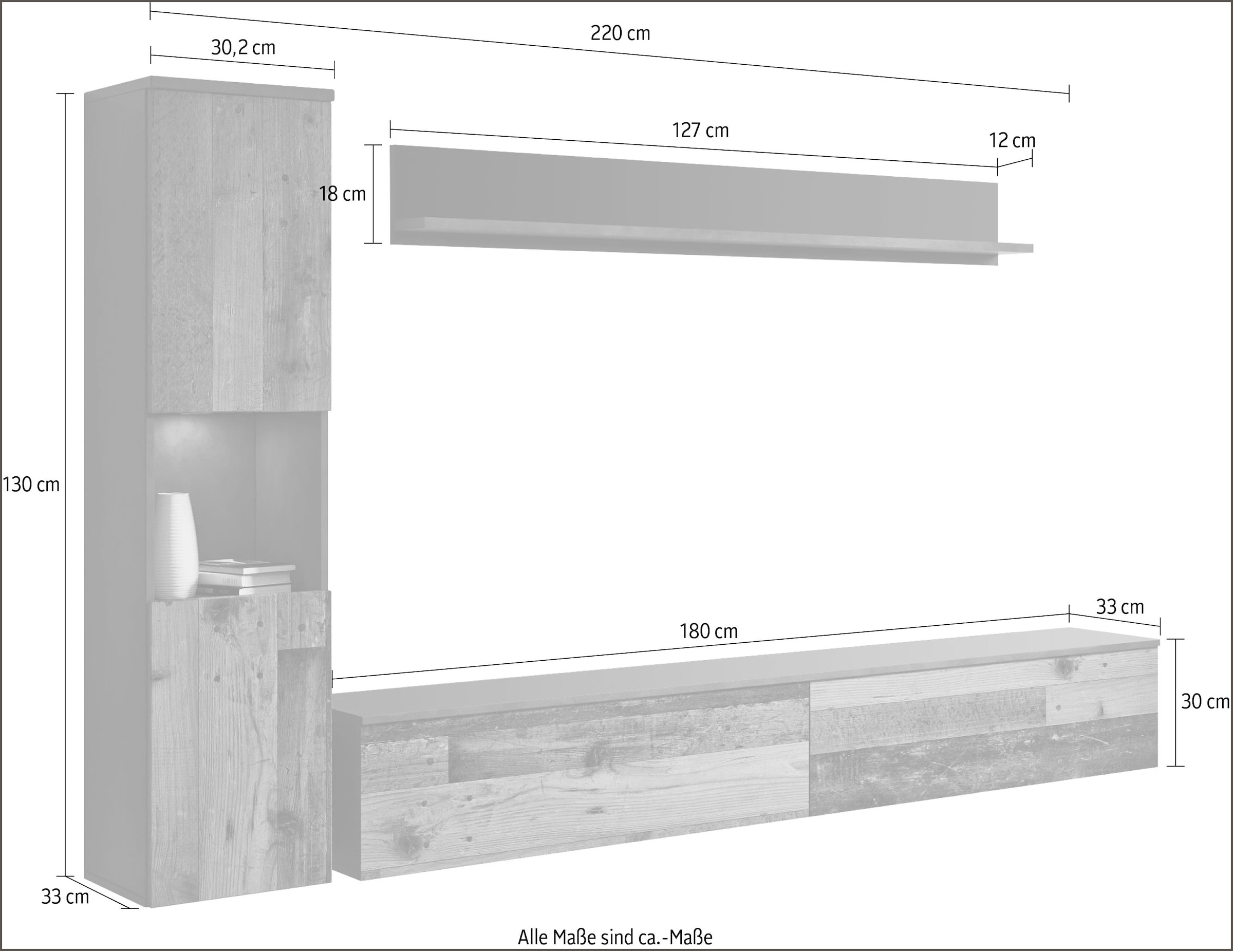 INOSIGN Wohnwand »PARIS«, (Komplett-Set, 3 St.), TV-Wand 220cm breite, grifflose Design, stehend und hängend montierbar