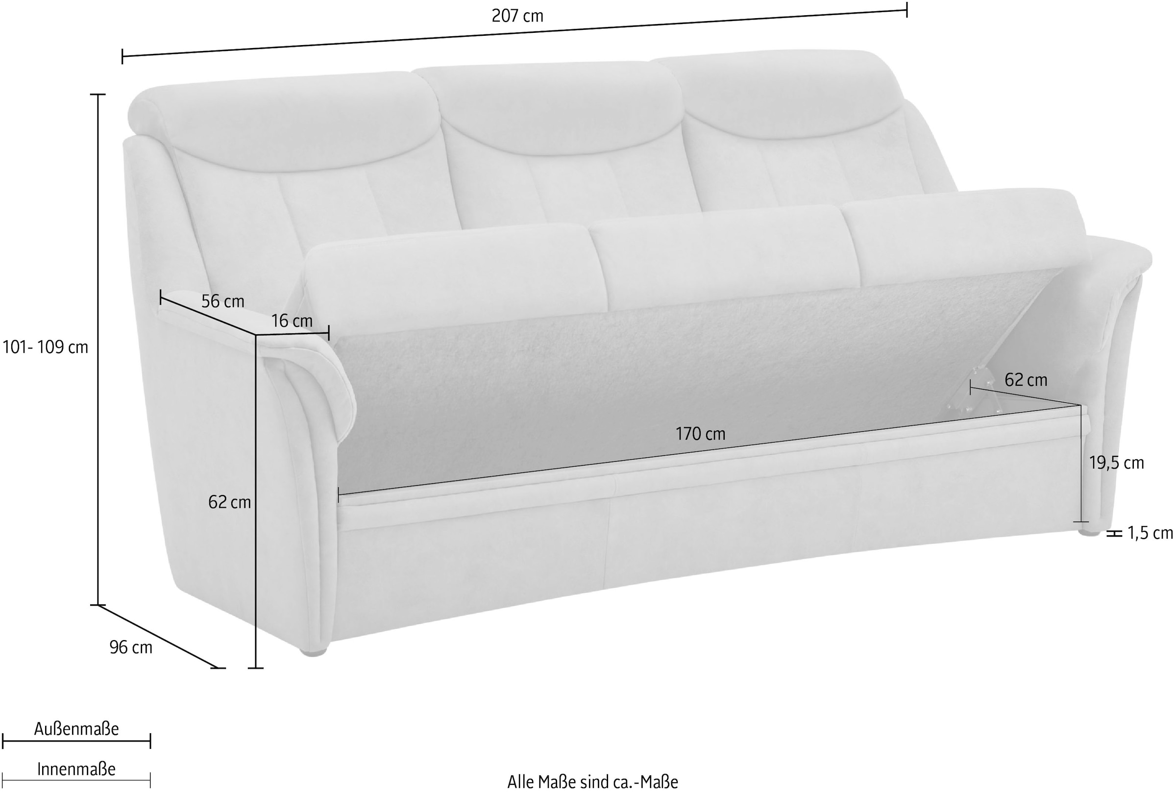 VILLA BECK 3-Sitzer »Lugano«, (1 St.), inklusive Kopfteilverstellung, in Sitzhöhe 46 cm