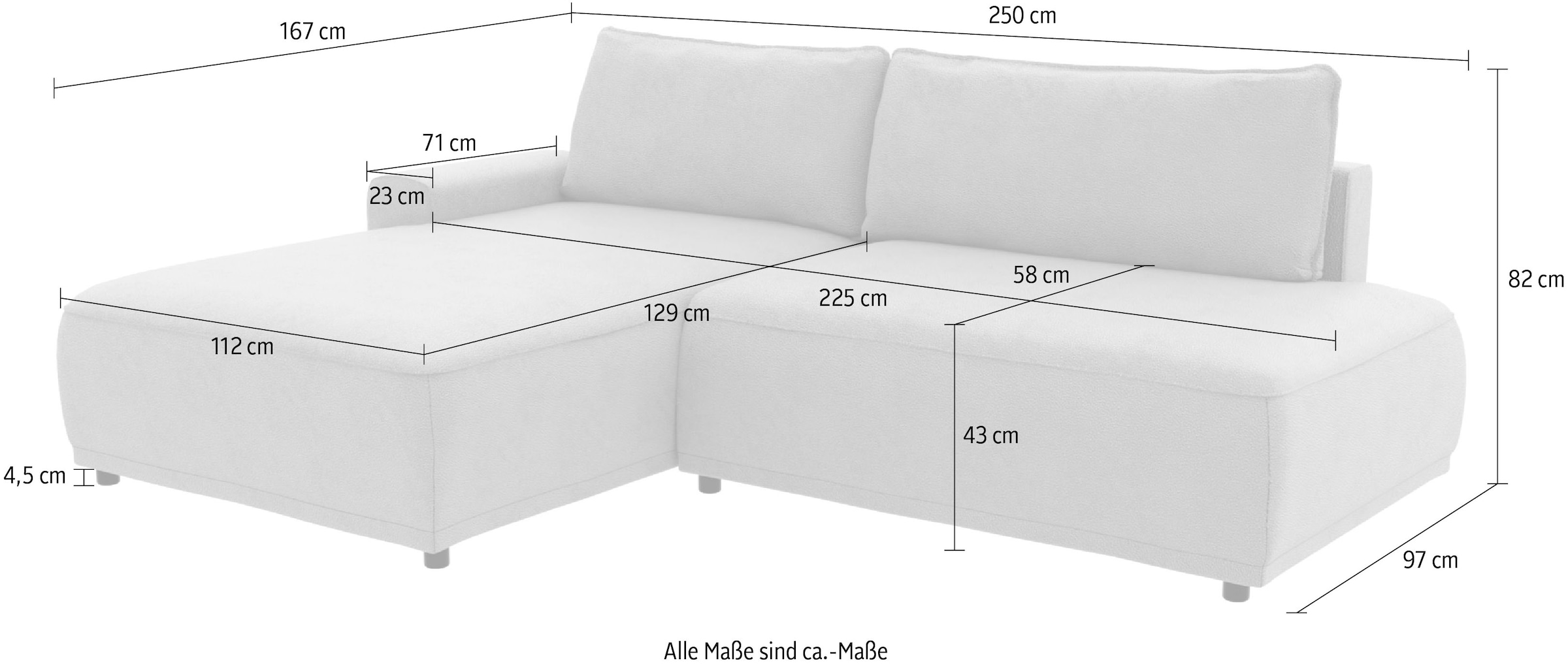 TRENDMANUFAKTUR Ecksofa »Fordon II, Schlafsofa mit Bettkasten, Couch in L-Form, Breite 250 cm«, in Struktur LUMOS, 3D-Effekt, sandgrau, Armlehne links