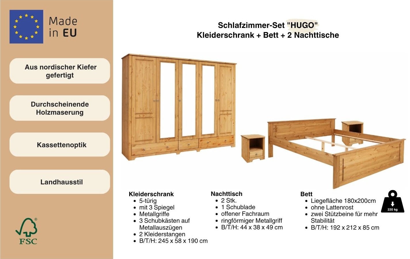 Home affaire Schlafzimmer-Set »Hugo« Set, 4 Stk. tlg. Bett 180x200 cm, 5-trg Kleiderschrank und 2 Nachttische
