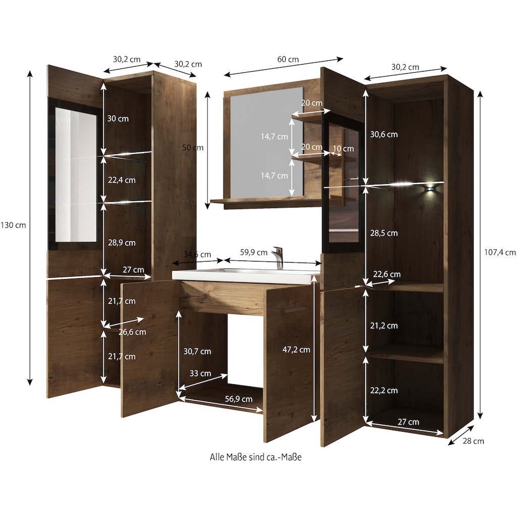 welltime Badmöbel-Set »ARONA«, (Komplett-Set, 4 St., mit Waschbecken), Waschtisch inkl. Waschbecken, Badschrank, Hochschrank, Spiegel