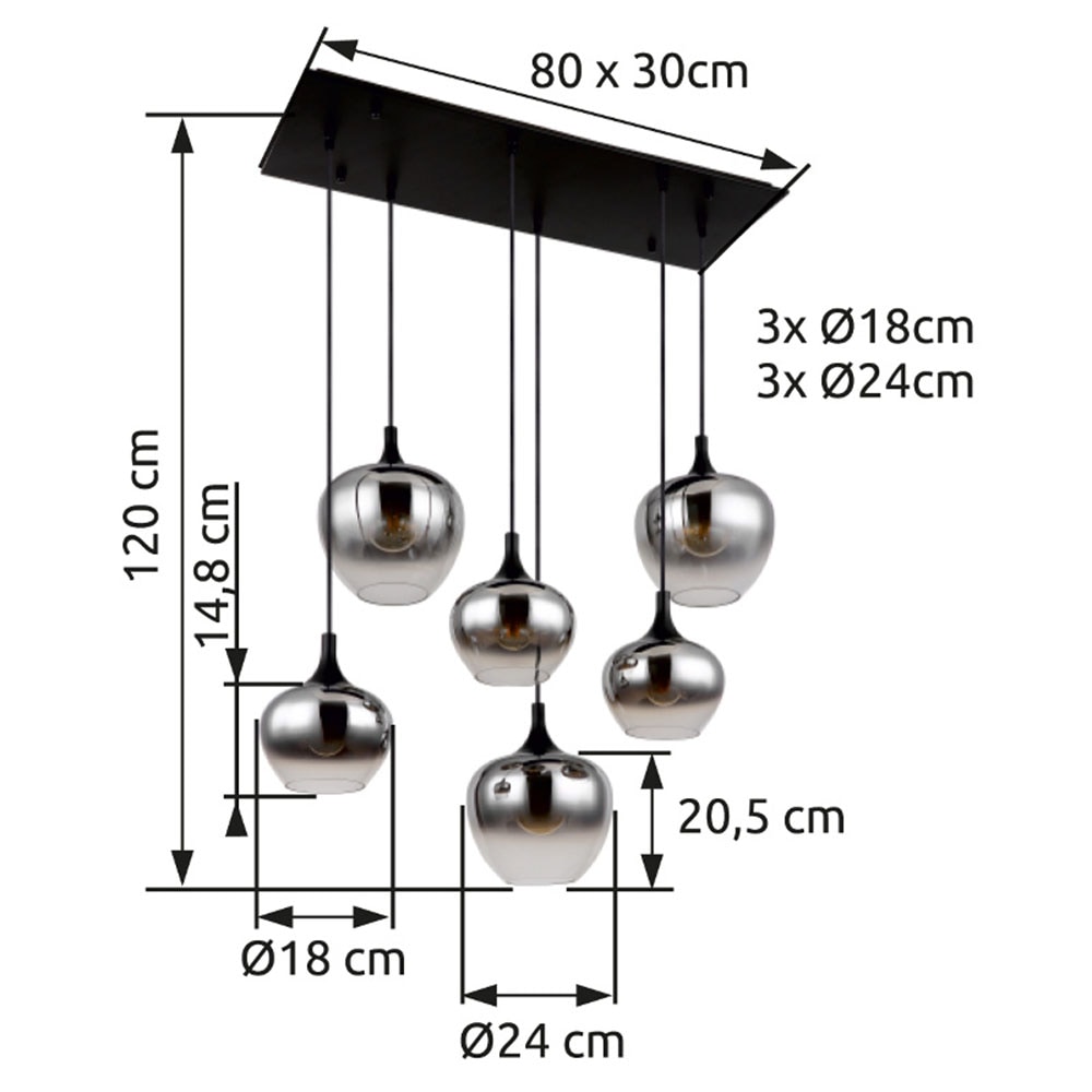 GLOBO LIGHTING Hängeleuchte »MAXY« E27 1 Stk. Hängeleuchte Schwarz, Rauchglas, 3 Gläser, höhenkürzbar, E27