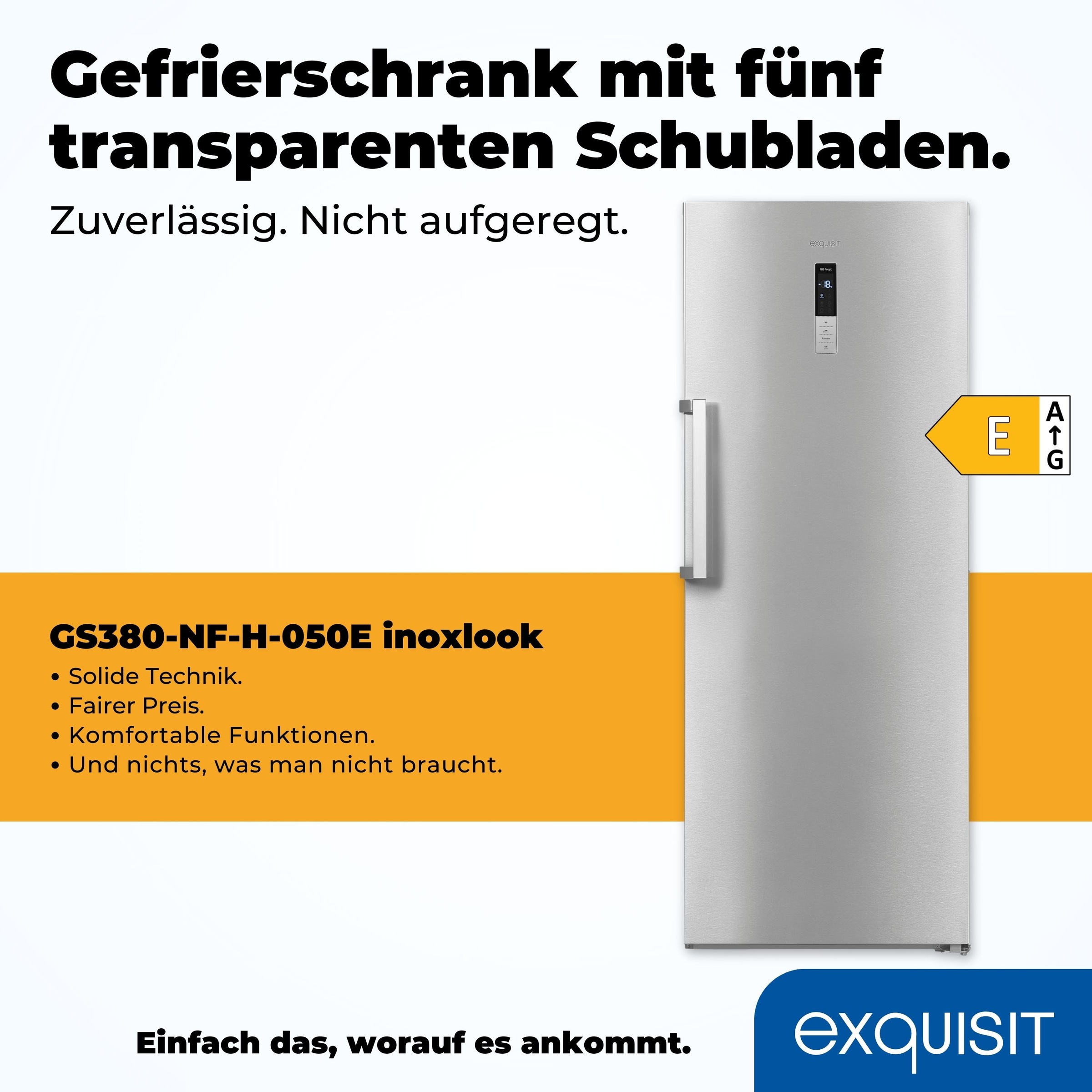 Thumbnail - exquisit Gefrierschrank "GS380-NF-H-050E inoxlook", 185,5 cm hoch, 71 cm breit, Türanschlag wechselbar