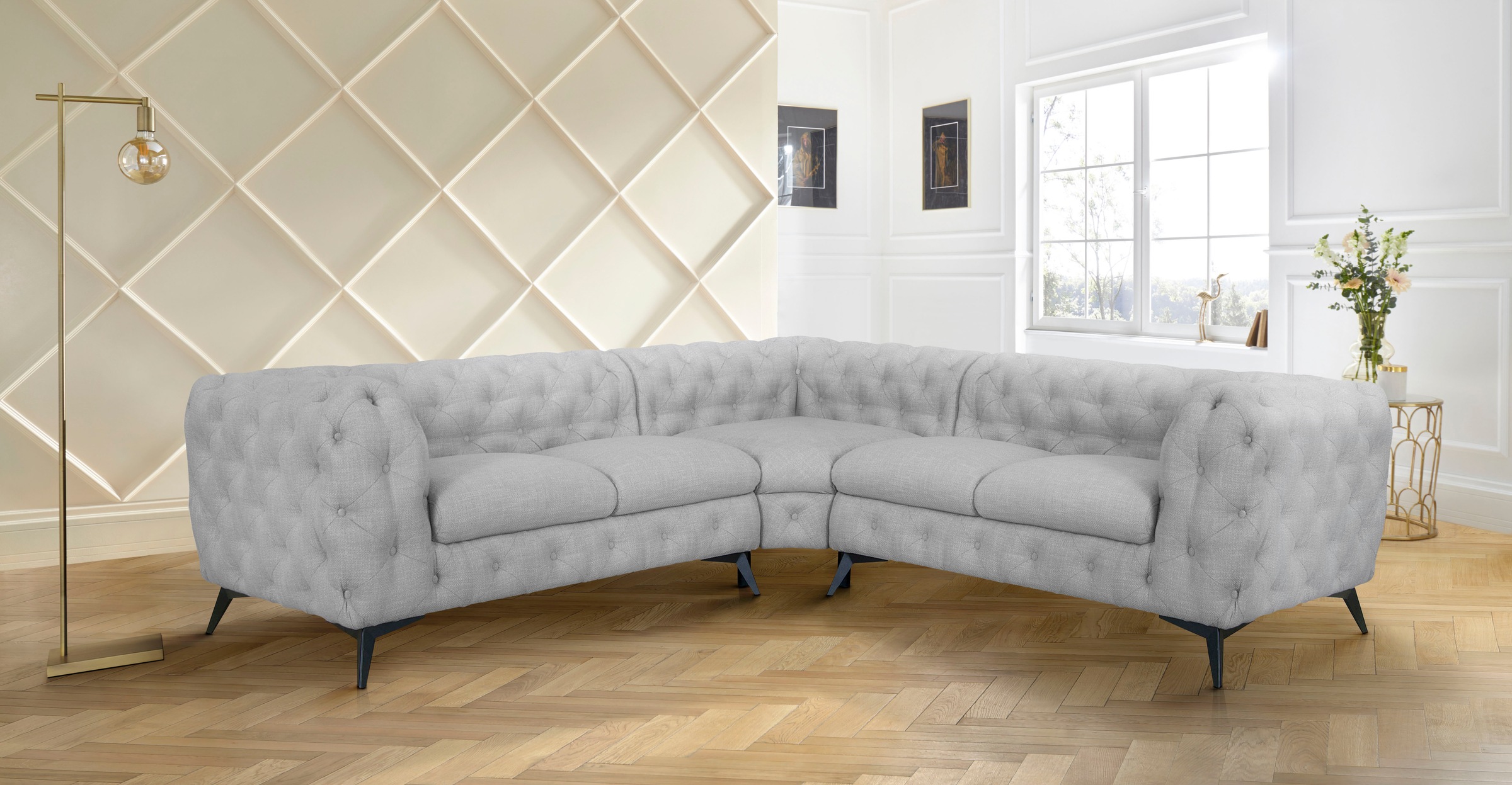 Leonique Chesterfield-Sofa »Ecksofa GLYNIS L-Form mit Wellenunterfederung, Maße B/T/H 264/264/75cm«, aufwändige Knopfheftung, moderne Chesterfield Optik, Fußfarbe wählbar