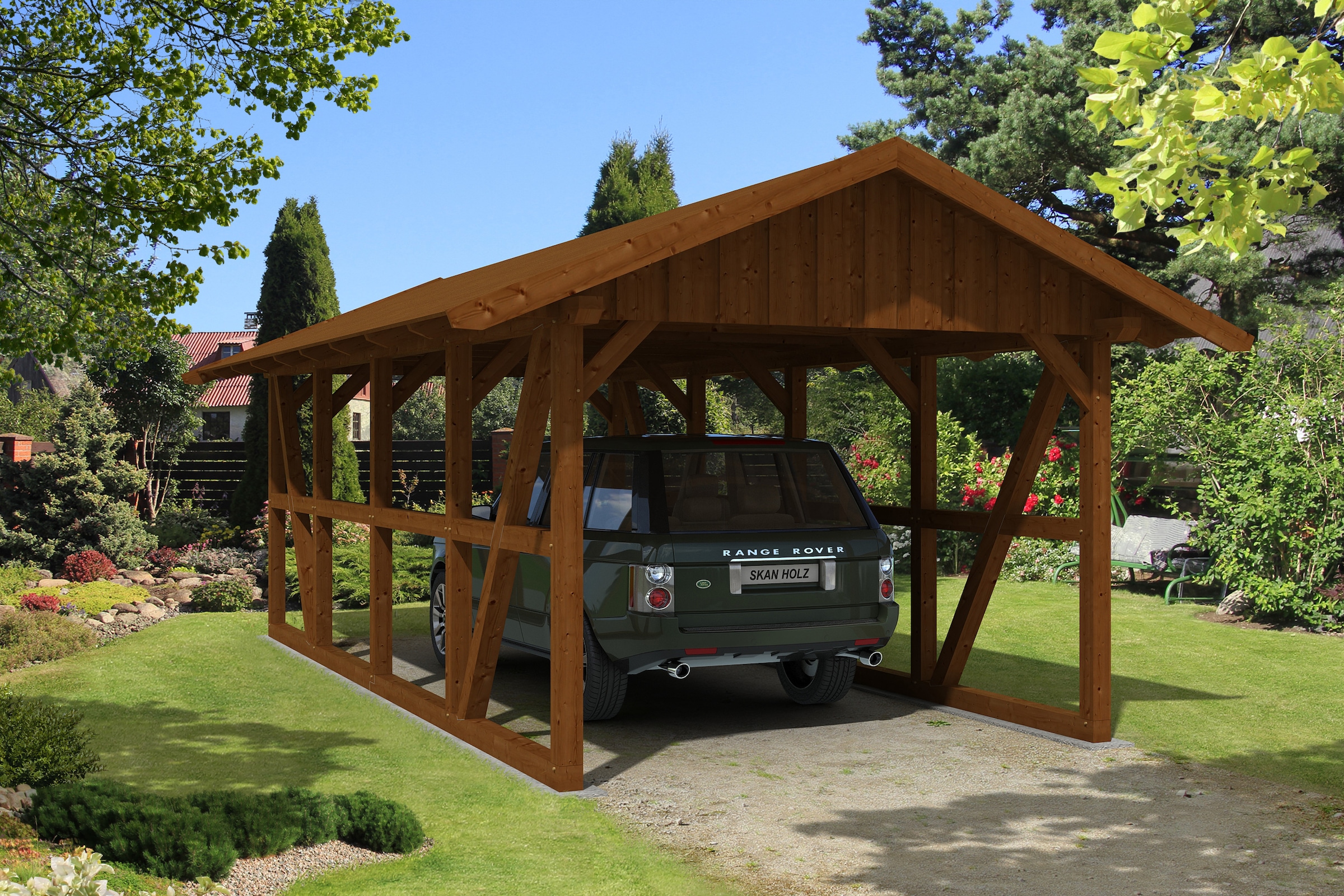 Skanholz Einzelcarport »Schwarzwald«, KVH-Fichte, 300 cm, Nussbaum, mit Dachschalung