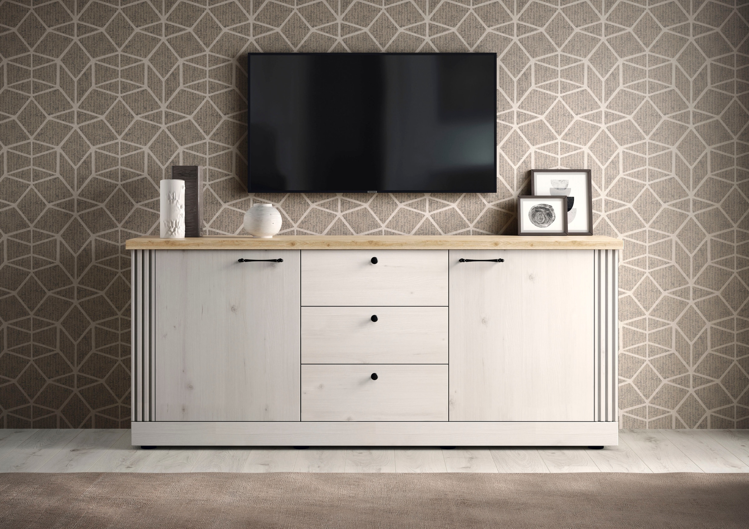 Home affaire Sideboard »Country Breite 211 cm, Kommode 2 Türen u. 3 Schubkästen, Anrichte«, im Landhausstil, viel Stauraum, mit Metallgriffe, MDF Rahmen