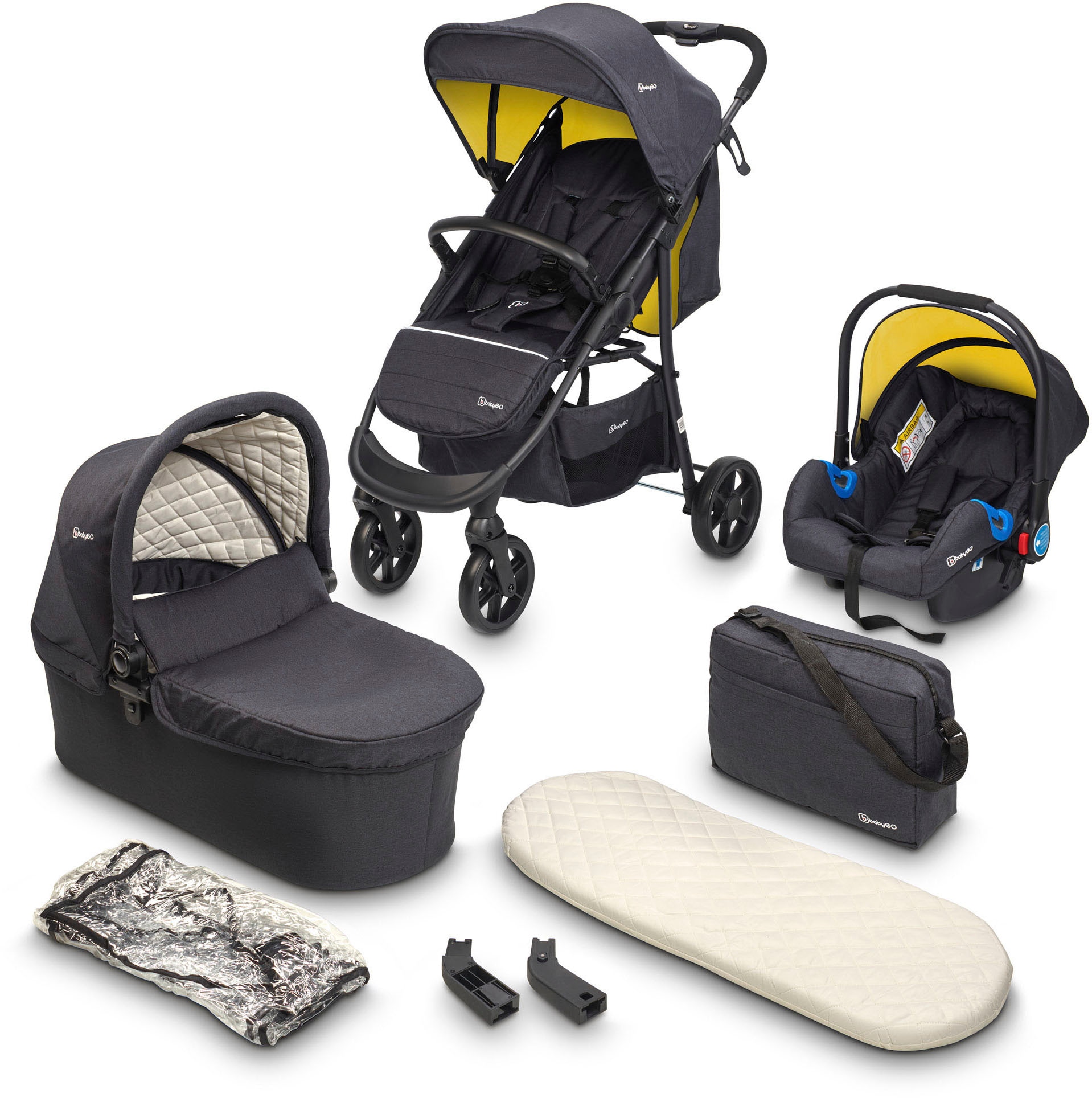BAUR BabyGo bestellen - u. Wickeltasche »Style 3in1, inkl. Kombi-Kinderwagen Babyschale | Adaptern schwarz/senfgelb«, mit