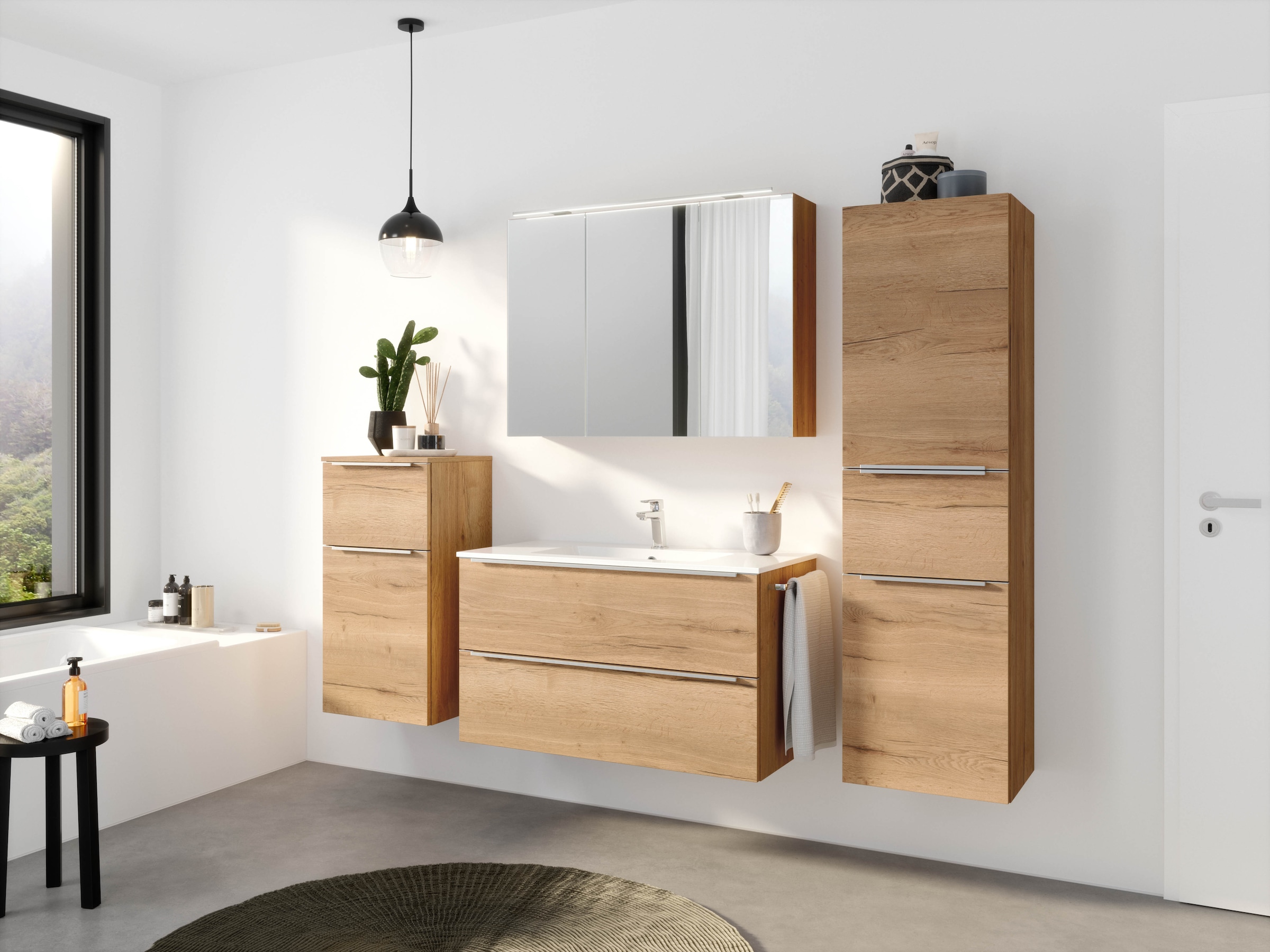 nobilia® Badmöbel-Set »Levere«, (2 St., vormontiert, mit Soft-Close), inkl. Spiegelschrank mit Beleuchtung und Dimmerfunktion, in 4 Breiten