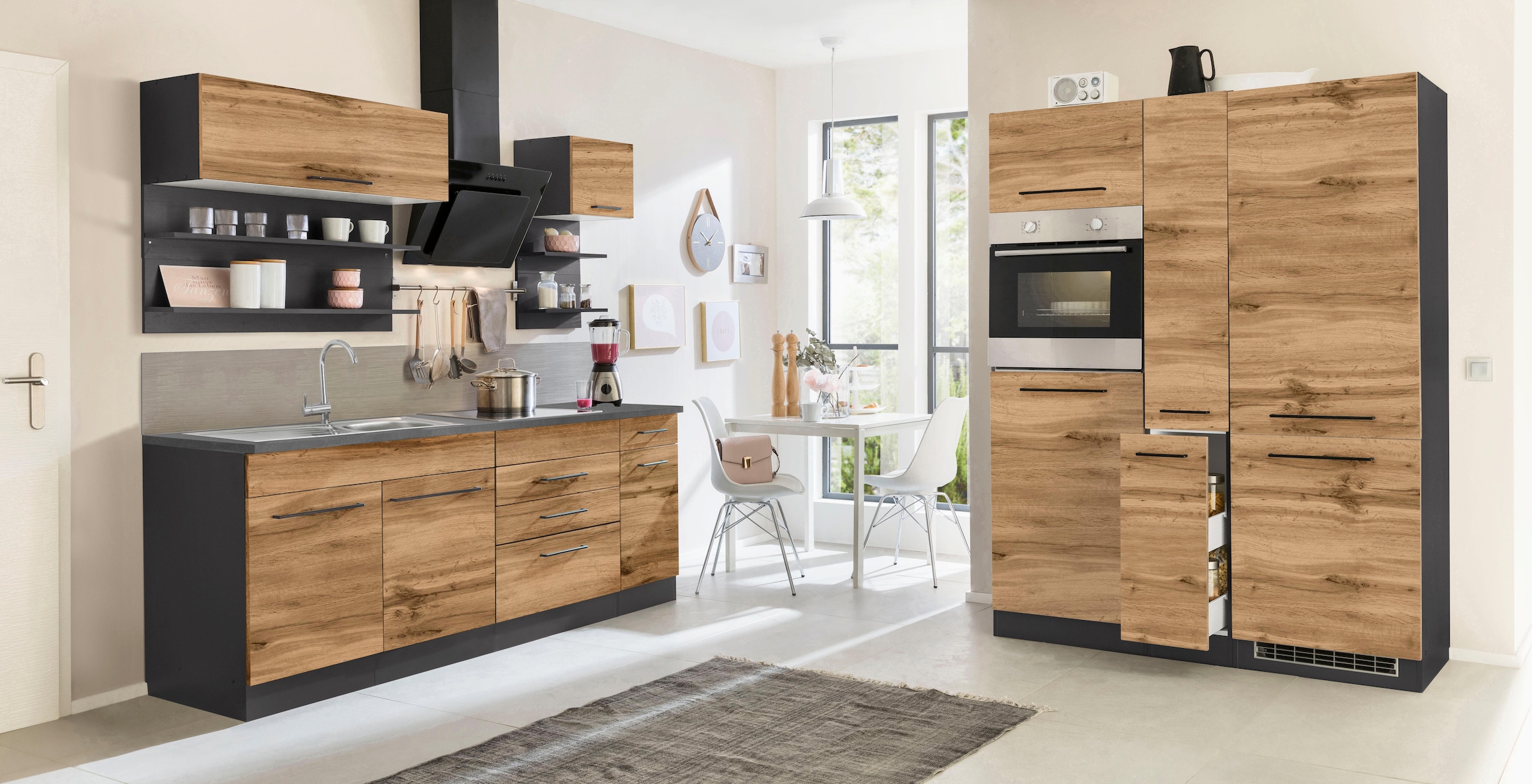 KOCHSTATION Küchenzeile »KS-Tulsa«, mit E-Geräten, Breite 360 cm, schwarze Metallgriffe, MDF Fronten