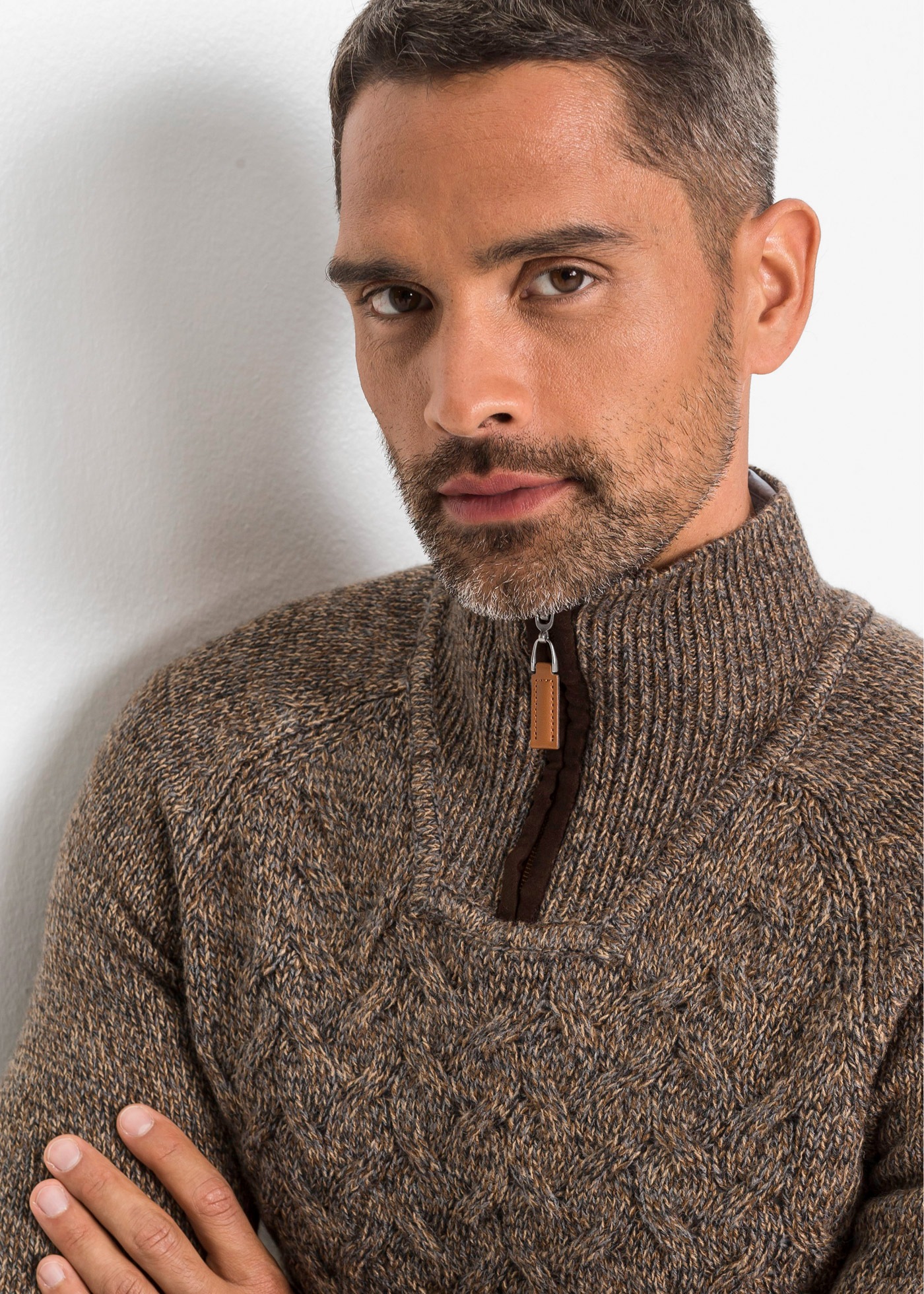Thumbnail - bonprix Strickpullover "Troyer-Pullover mit Wolle" mit Zopfmuster in melierter Optik