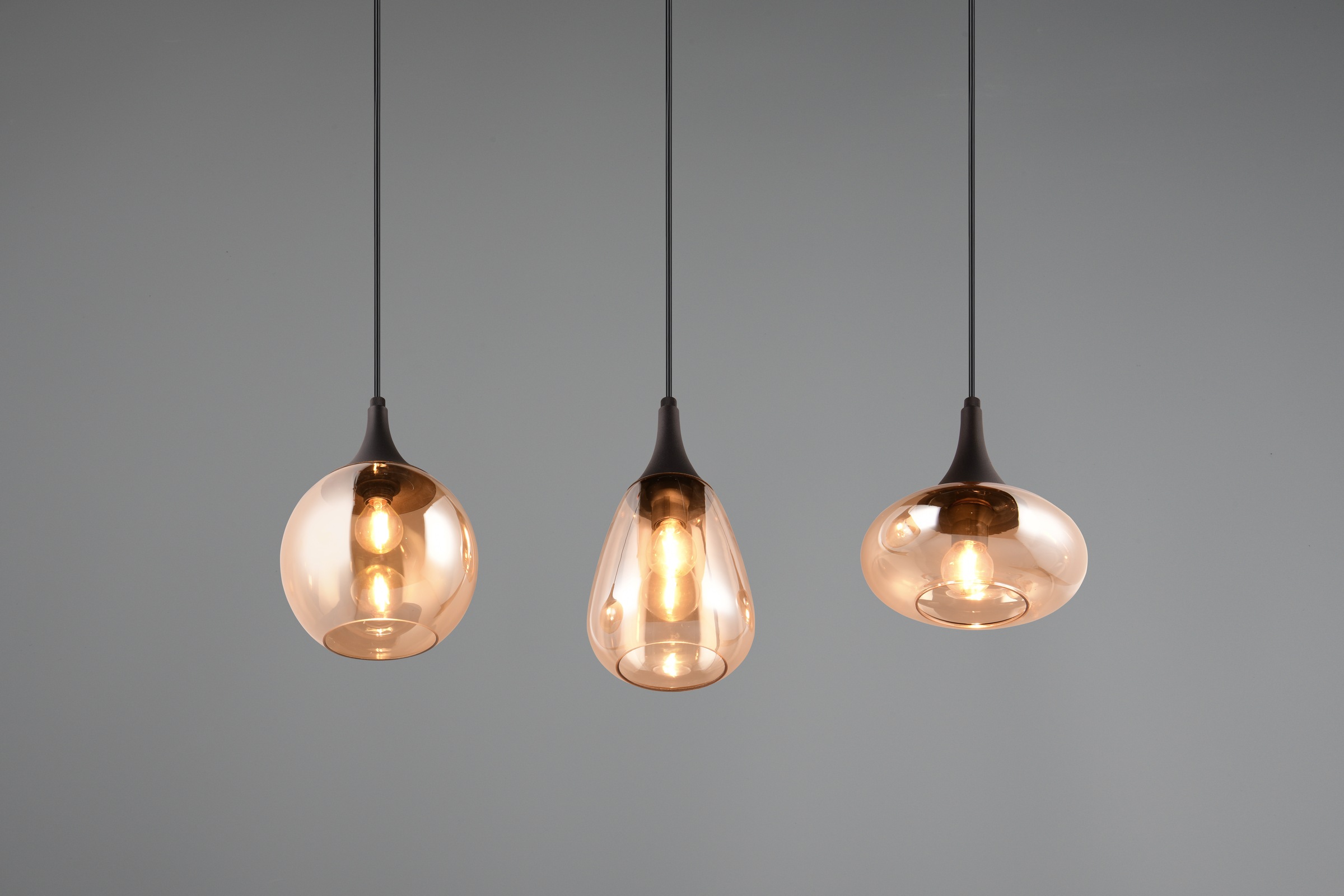 TRIO Leuchten Pendelleuchte »LUMINA, E14 Hängelampe 3-flammig Glasschirme in 3 Formen amberfarbig«, 3 flammig, Leuchtmittel E14 | Leuchtmittel wechselbar, exkl 3x E14 max 40W, Hängeleuchte höhenverstellbar bis max 150 cm
