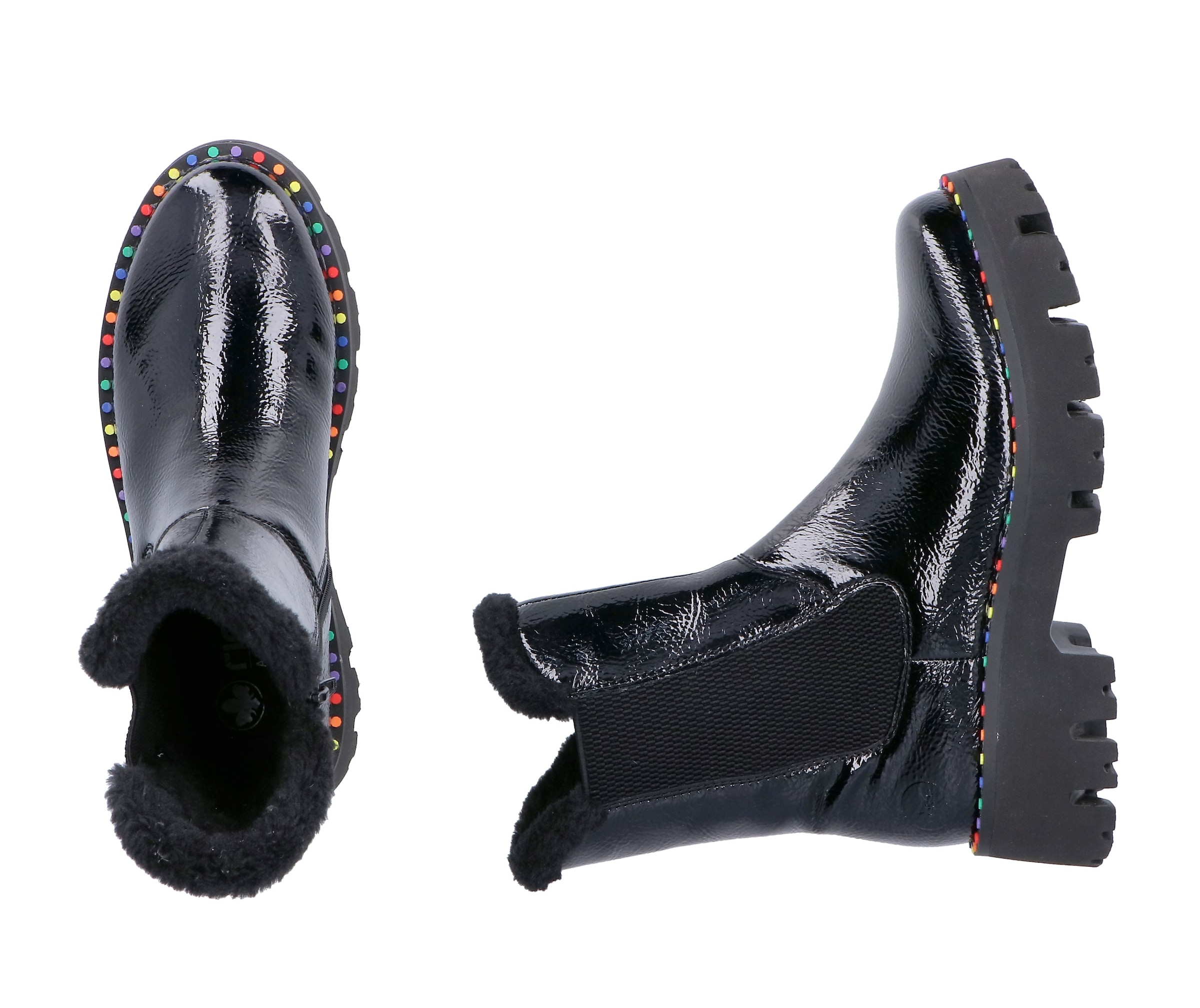Rieker Winterstiefelette, Plateauboots, Winterboots, Lack-Stiefelette mit buntem Sohlenrand