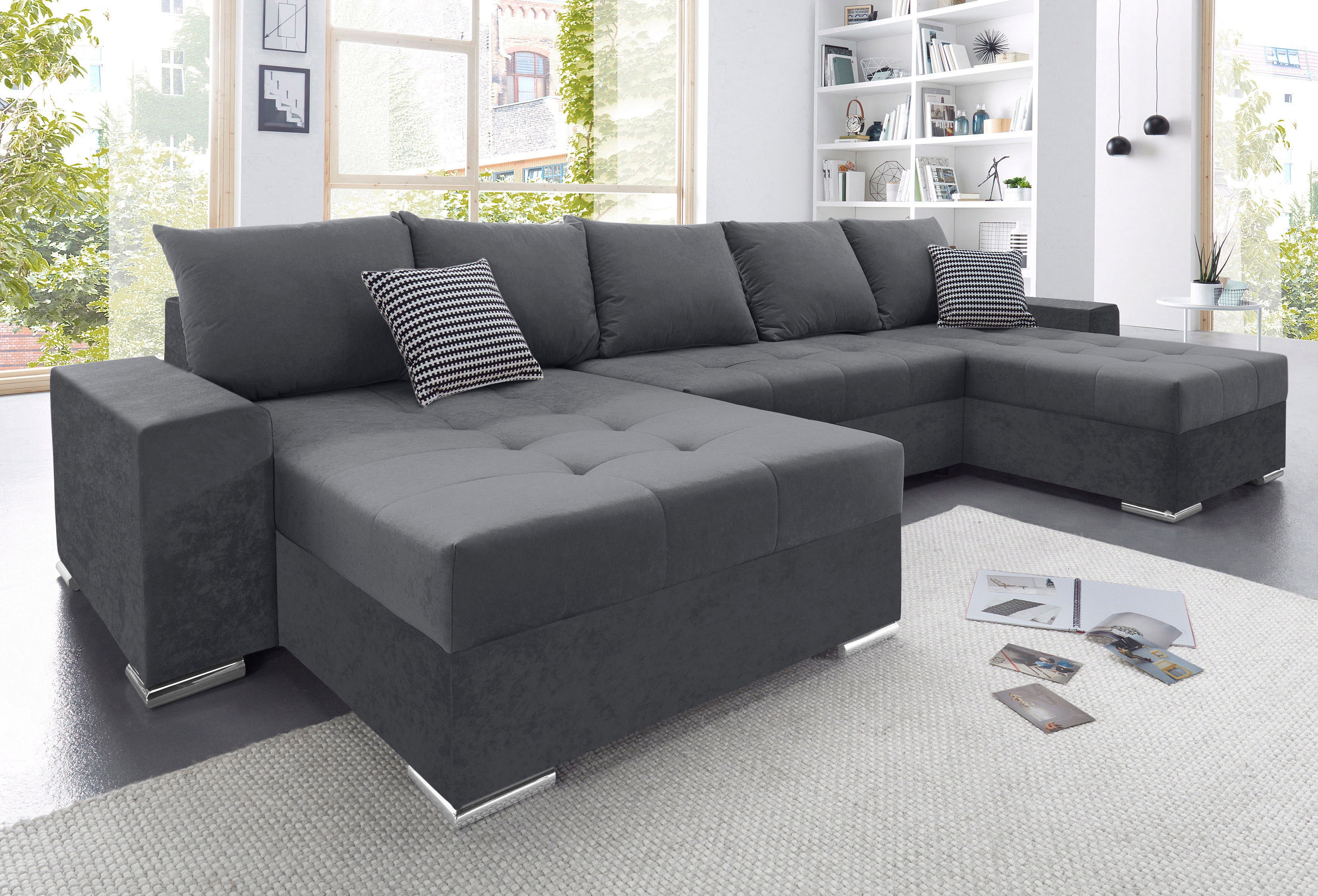 COLLECTION AB 1100000002199 "Josy XXL U-Form, B: 333 cm, mit 2 Recamieren 77 & 97 cm" Schlaffunktion, Bettkasten & 2 Zierkissen, Federkern