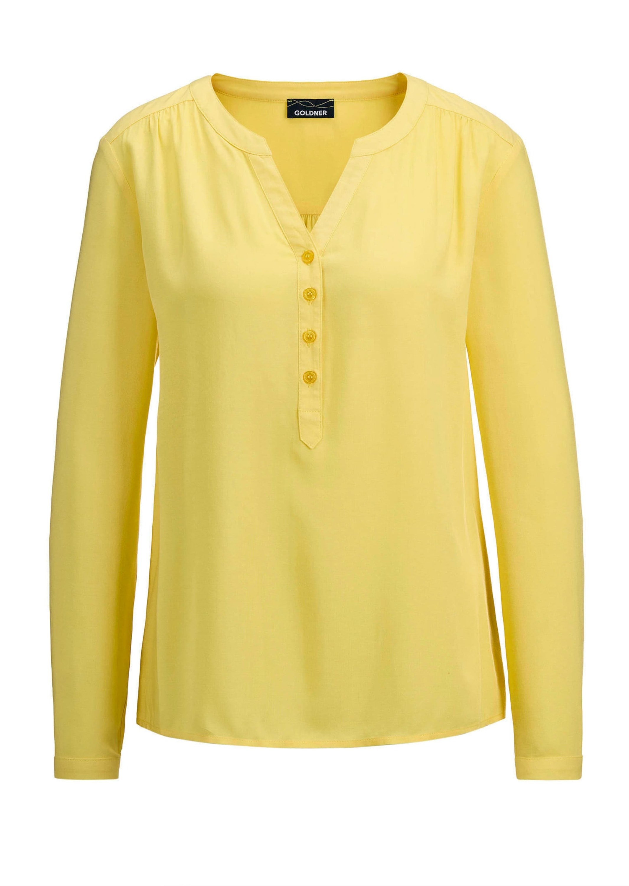 Schlupfbluse GOLDNER "Elegante Viskosebluse mit V-Ausschnitt", Damen, Gr. 54, gelb, Obermaterial: 100% Viskose CV., gerade, Tubular, Blusen Schlupfbluse, Knopfleiste