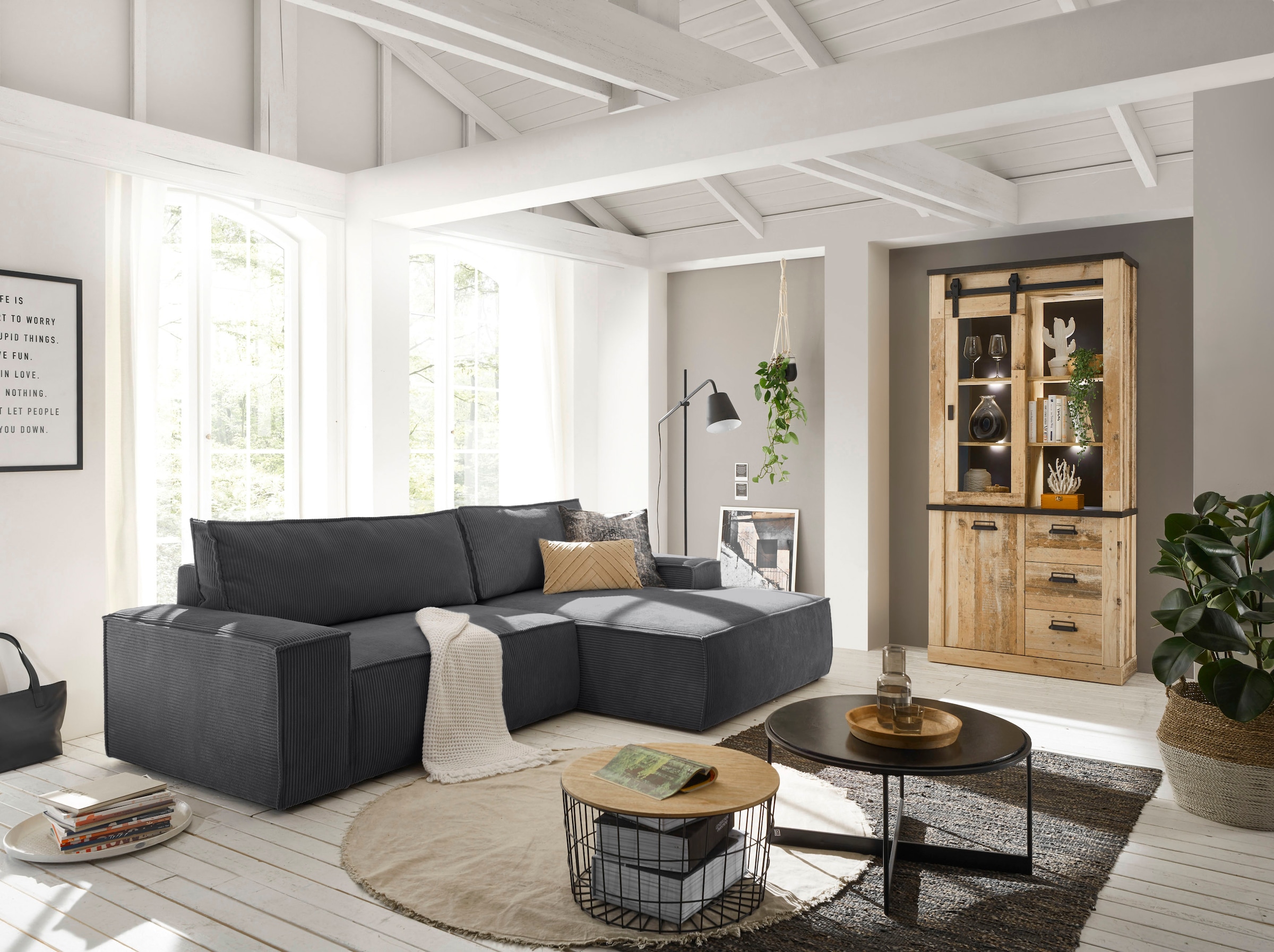 OTTO home Ecksofa »SHERWOOD L-Form, 267 cm - OTTO. Verlässliche Qualität.« Schlaffunktion mit Bettkasten (210x136 cm), Cord, Vintage, Samtvelours