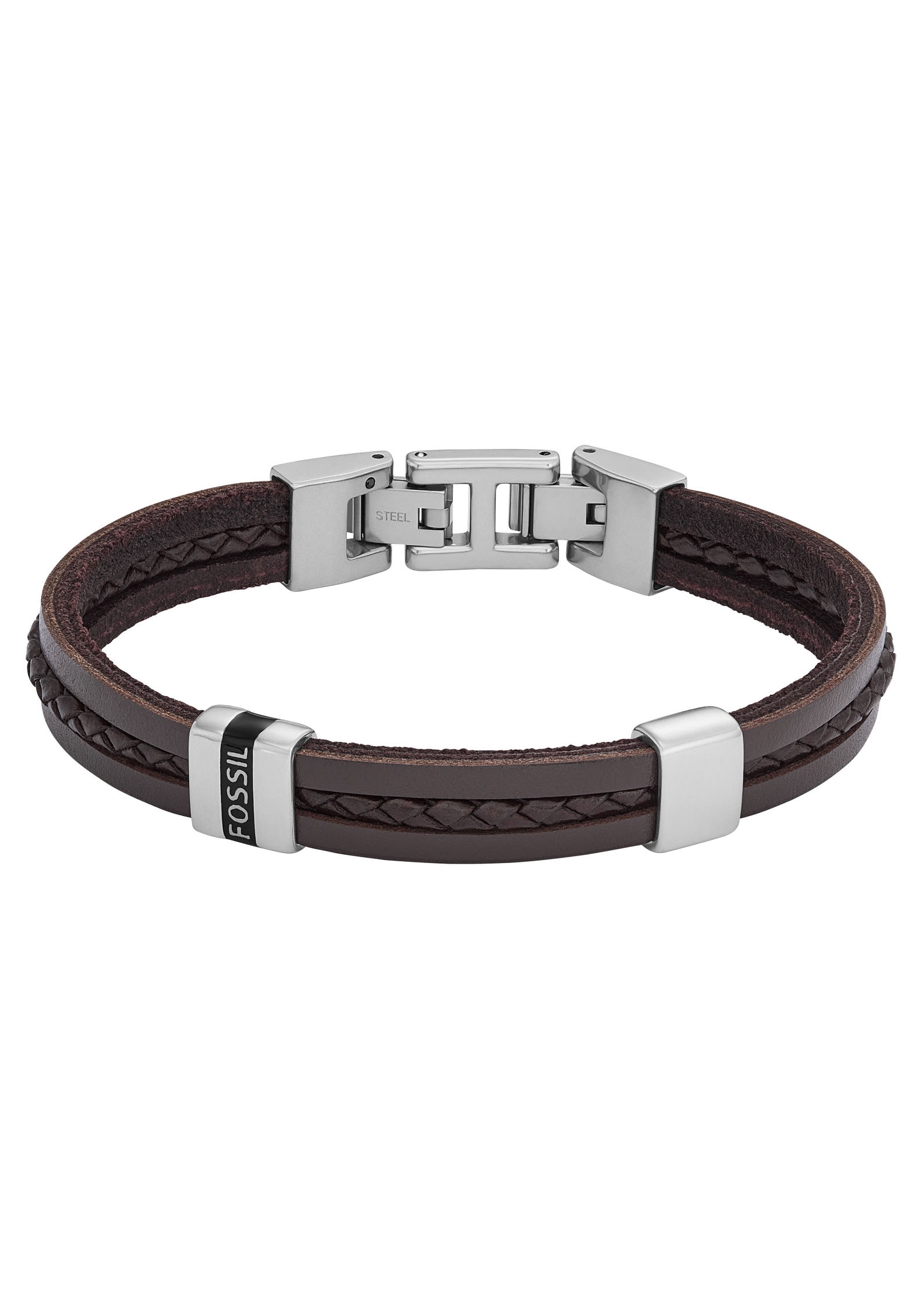 Armband FOSSIL "Schmuck Geschenk Edelstahl Leder Armschmuck JEWELRY", braun (edelstahlfarben, braun), Armbänder, Damen, 19,5cm, Edelstahl Leder, Edelstahl, Leder, Armband 6