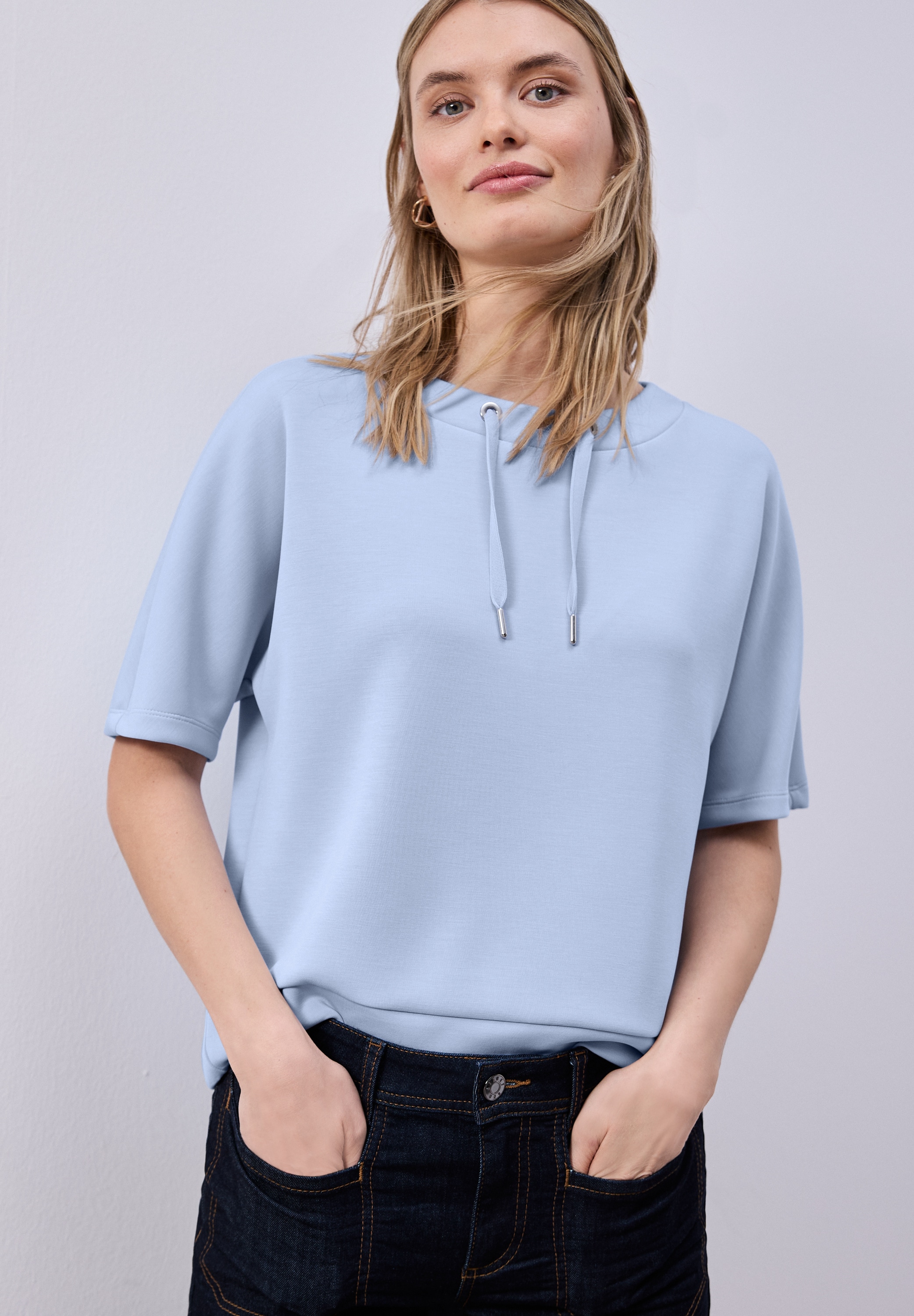 STREET ONE Sweatshirt, Halbarm Silk-Look Shirt mit Kordelzug günstig online kaufen