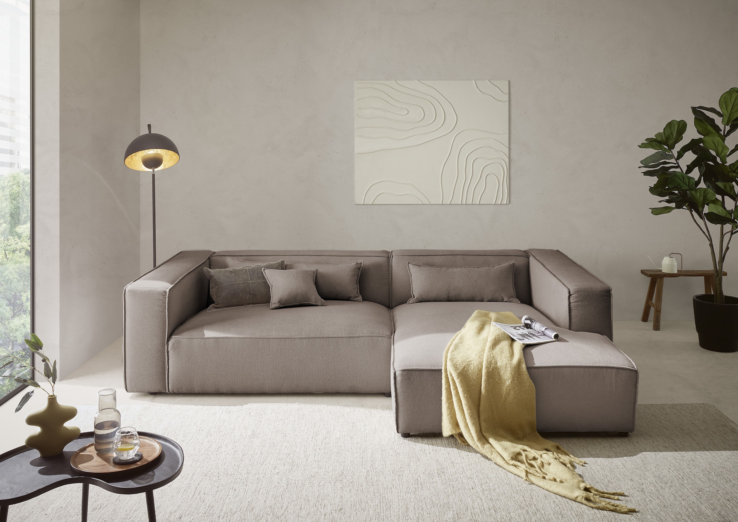 LeGer Home by Lena Gercke Ecksofa »PIARA XXL, Big-Sofa in Cord oder Leinenoptik, L-Form, mit Kedernaht«, wahlweise Ottomane rechts/links, schwarze Füße, extra tiefe Sitzfläche