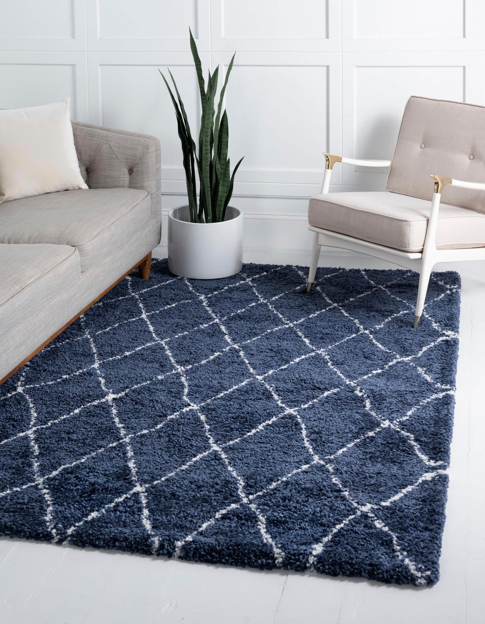 Hochflor-Teppich "Temara Shag, LAGERRÄUMUNG", blau (marineblau, elfenbeinfarben), B:122cm H:51mm L:183cm, Polypropylen (PP), MYFLAIR MÖBEL & ACCESSOIRES, Teppiche, gewebt, Rauten Design, weich & kuschelig
