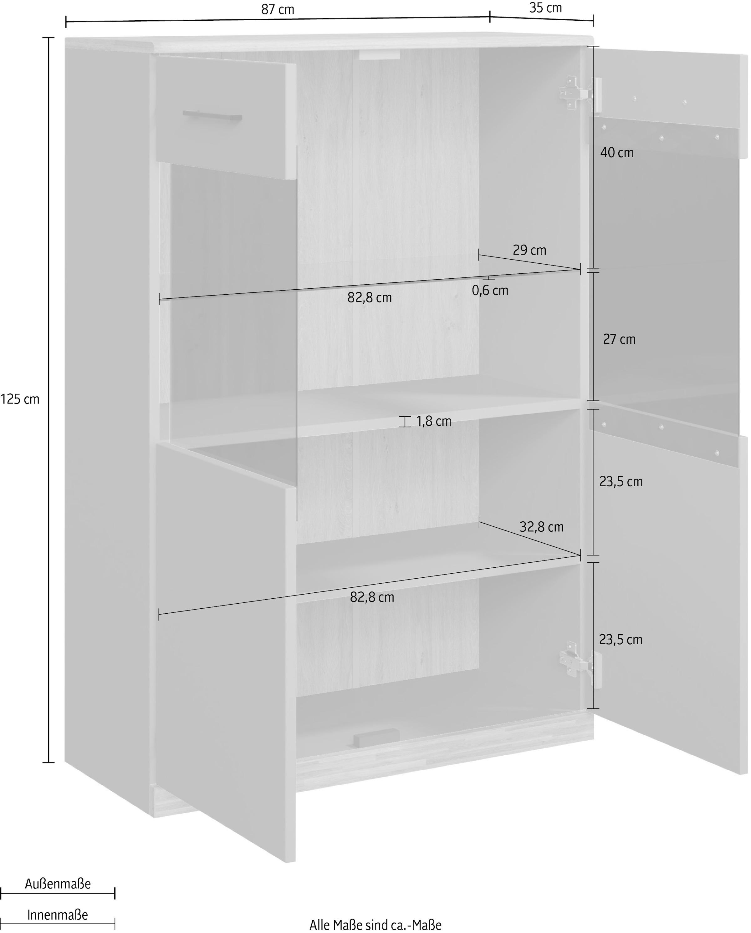 Home affaire Highboard »Ribe,125cm hoch,87cm breit,4 breite Fächer«, Oberplatte Eiche massiv,dunkles Glas, schwarze Metall Griffe