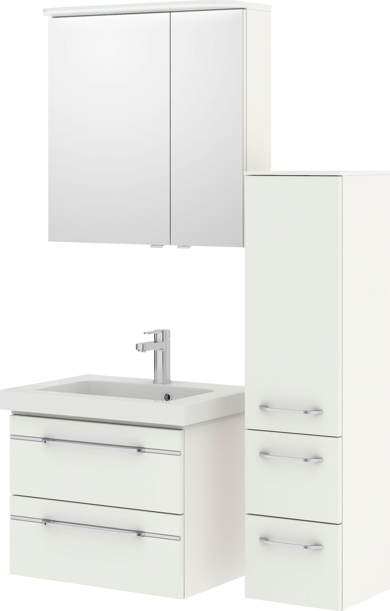 Saphir Badmöbel-Set »Balto Sprint 3-teilig, Mineralmarmor-Waschtisch mit LED-Spiegelschrank«, (4 St.), inkl. Türdämpfer, 100 cm breit, mit Midischrank, 3 Türen, 4 Schubladen