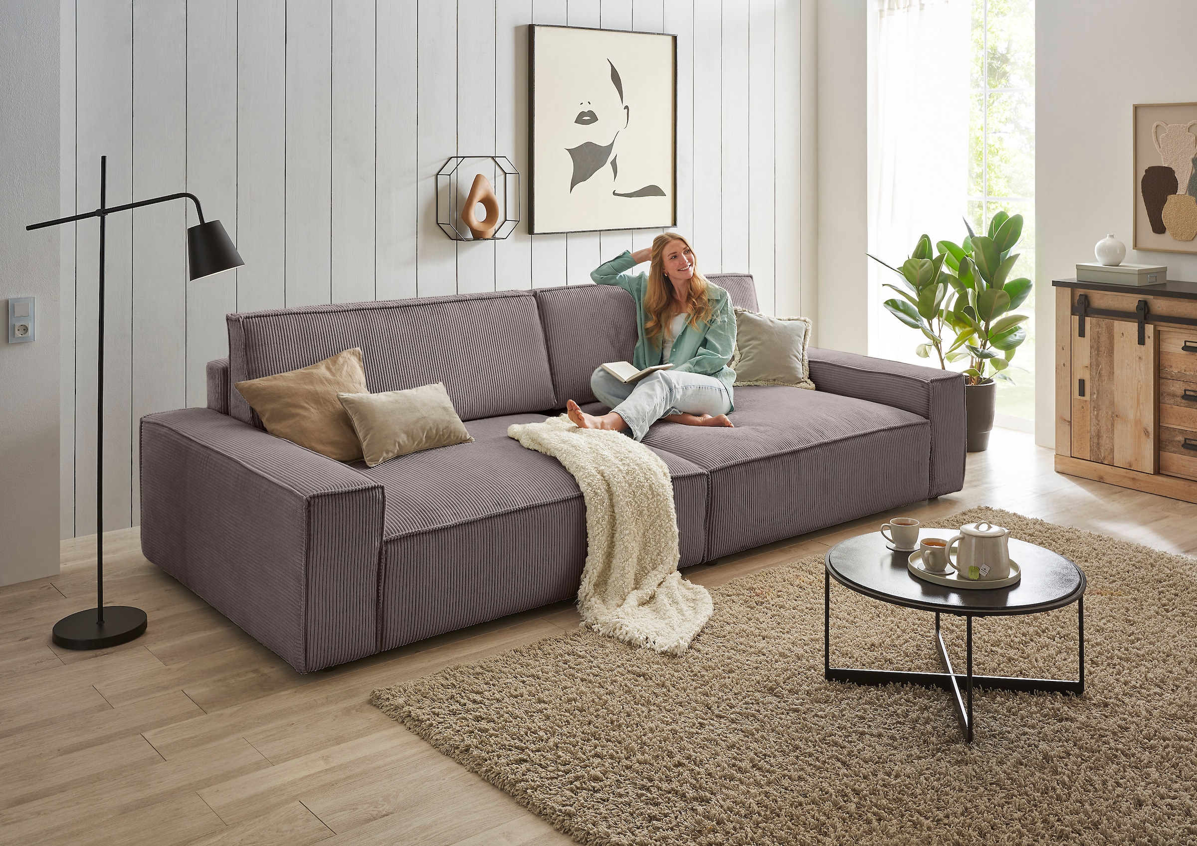 Home affaire Big-Sofa »NEU: SHERWOOD XXL, Big-Sofa (316cm), extra tiefe Sitzfläche 95 cm«, bequemer Sitzkomfort, Cord u. Leinenoptik, Kedernaht
