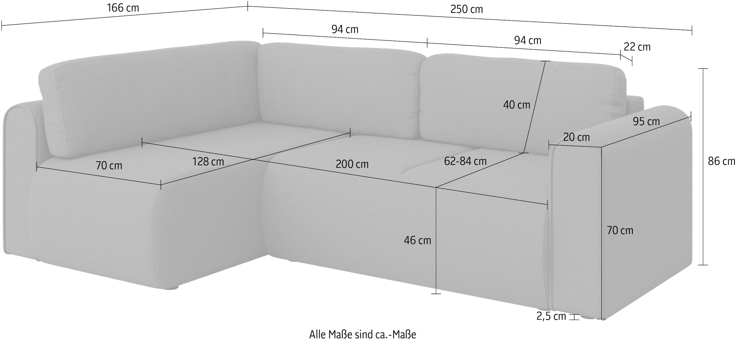 INOSIGN Ecksofa »Zacharia wahlweise Schlafsofa mit Bettkasten, B/T/H 250/166/86 cm«, L-Form mit Wellenunterfederung, Ottomane rechts oder links bestellbar