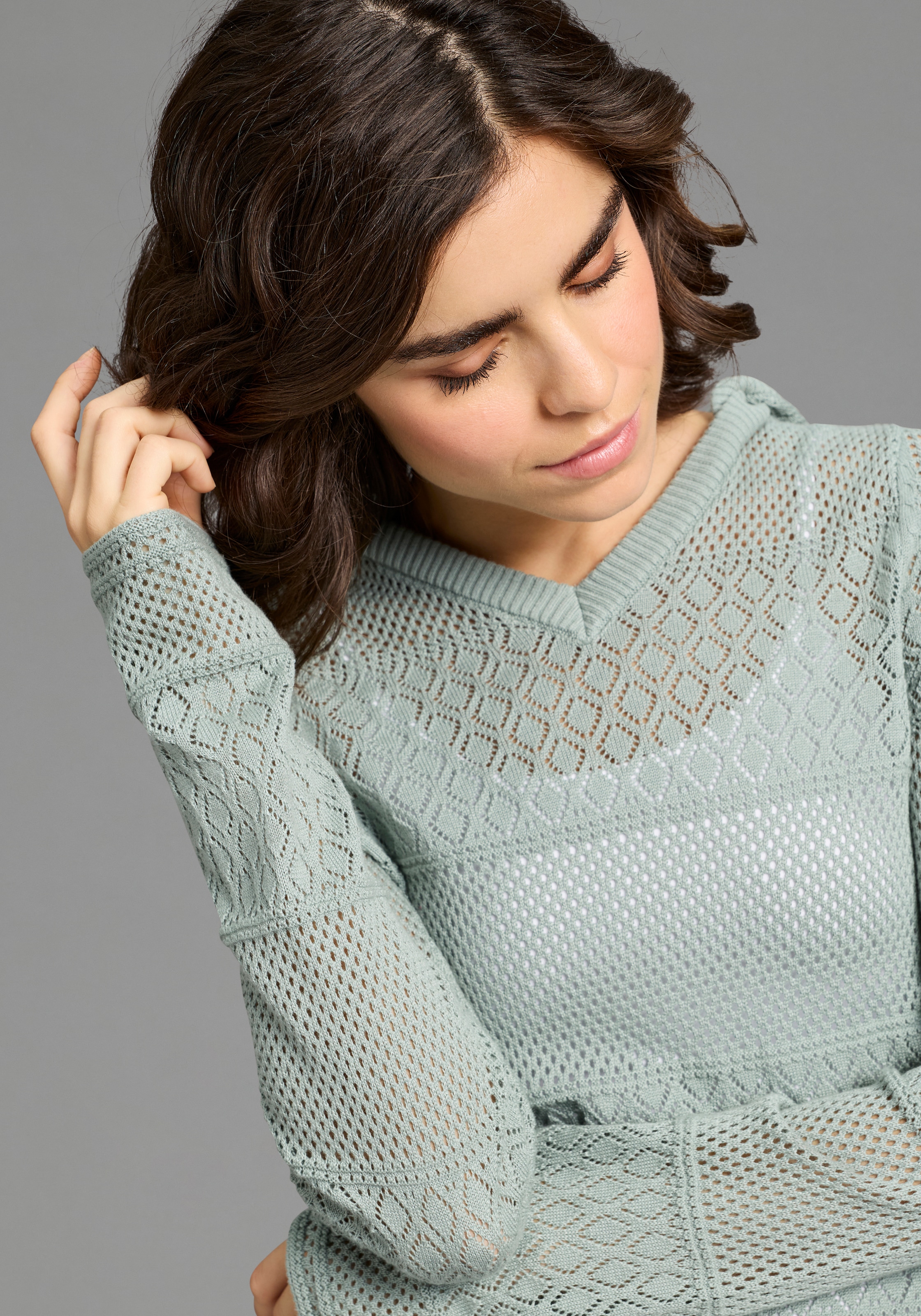 KangaROOS Ajourpullover aus Baumwolle, mit V-Ausschnitt, bequeme Passform, Langarm