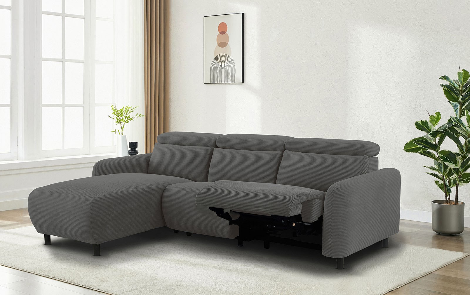 OTTO home Ecksofa »SKAANE in Cord, L-Form, 274 cm, manuelle u. elektrische Relaxfunktion,« rundes Design, Kopfteilverstellung, Federkernpolsterung