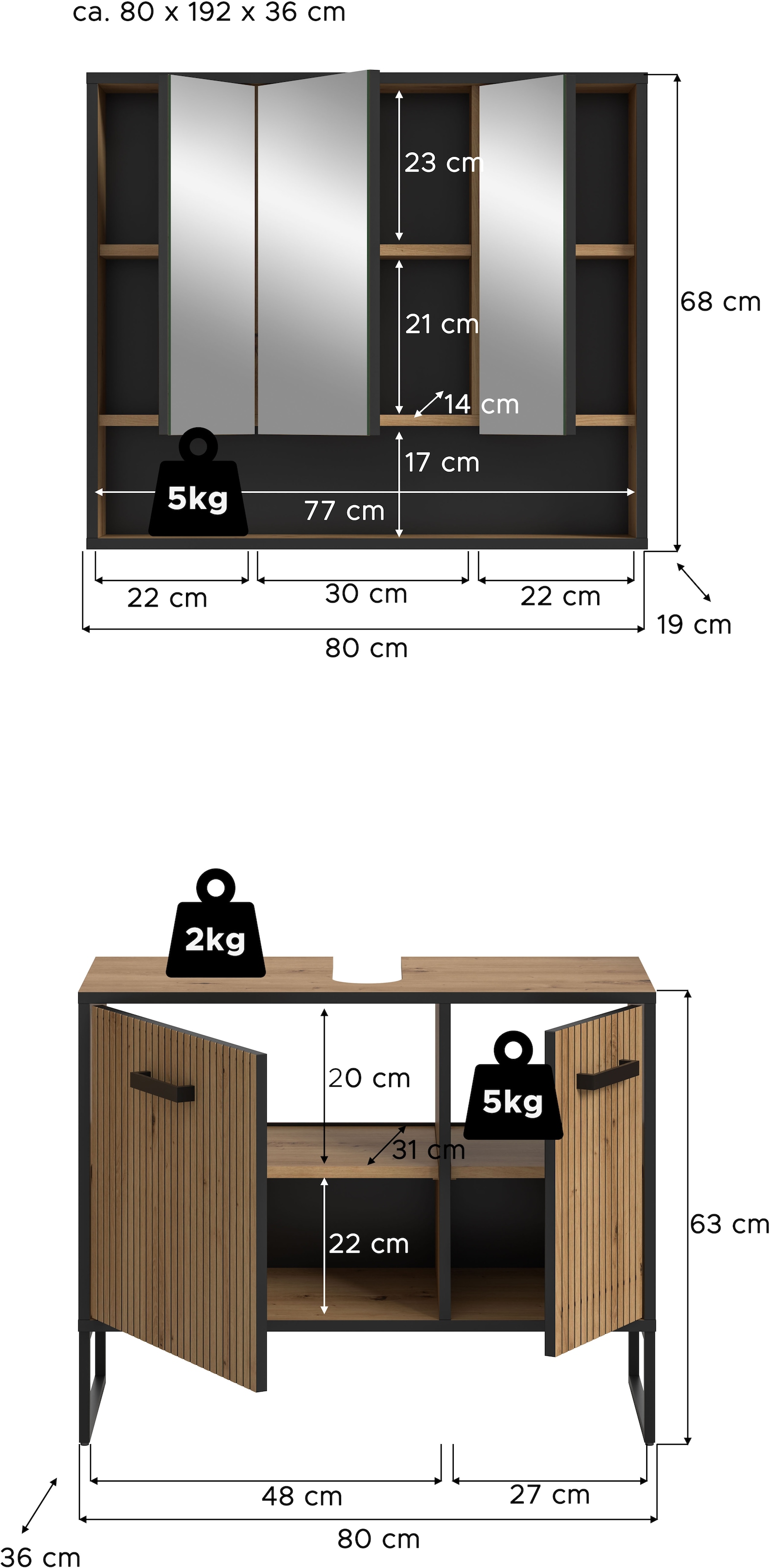 welltime Badezimmer-Set »LOCRI, 2-tlg. Badkombination, Breite 80 cm, Rillenoptik, Metallkufen« bestehend aus: Waschbeckeunterschrank & Spiegelschrank, 2 Stk. tlg.