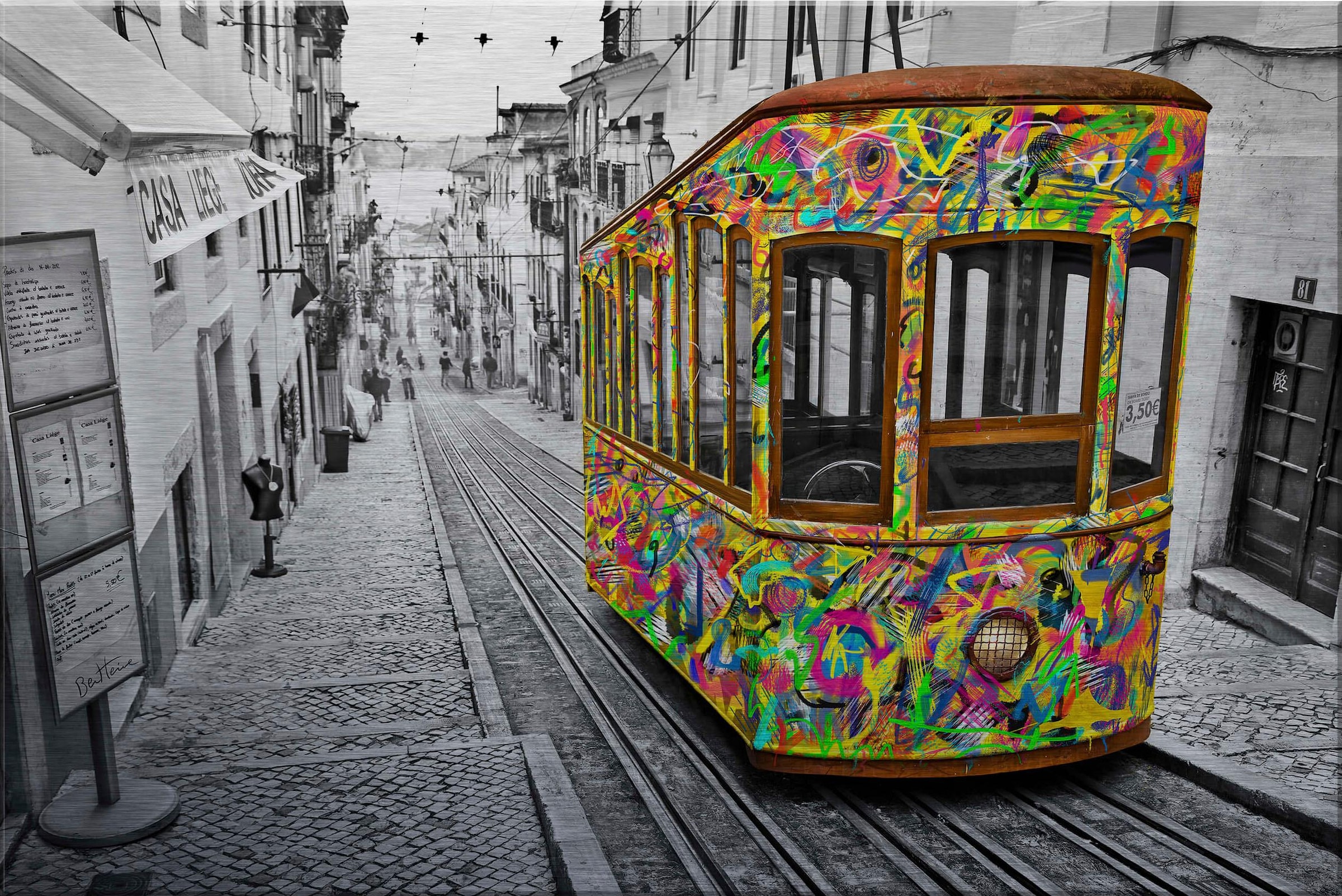 Wall-Art Metallbild "Ben Heine Tram in Lissabon", Gebäude, mit Silbereffekt