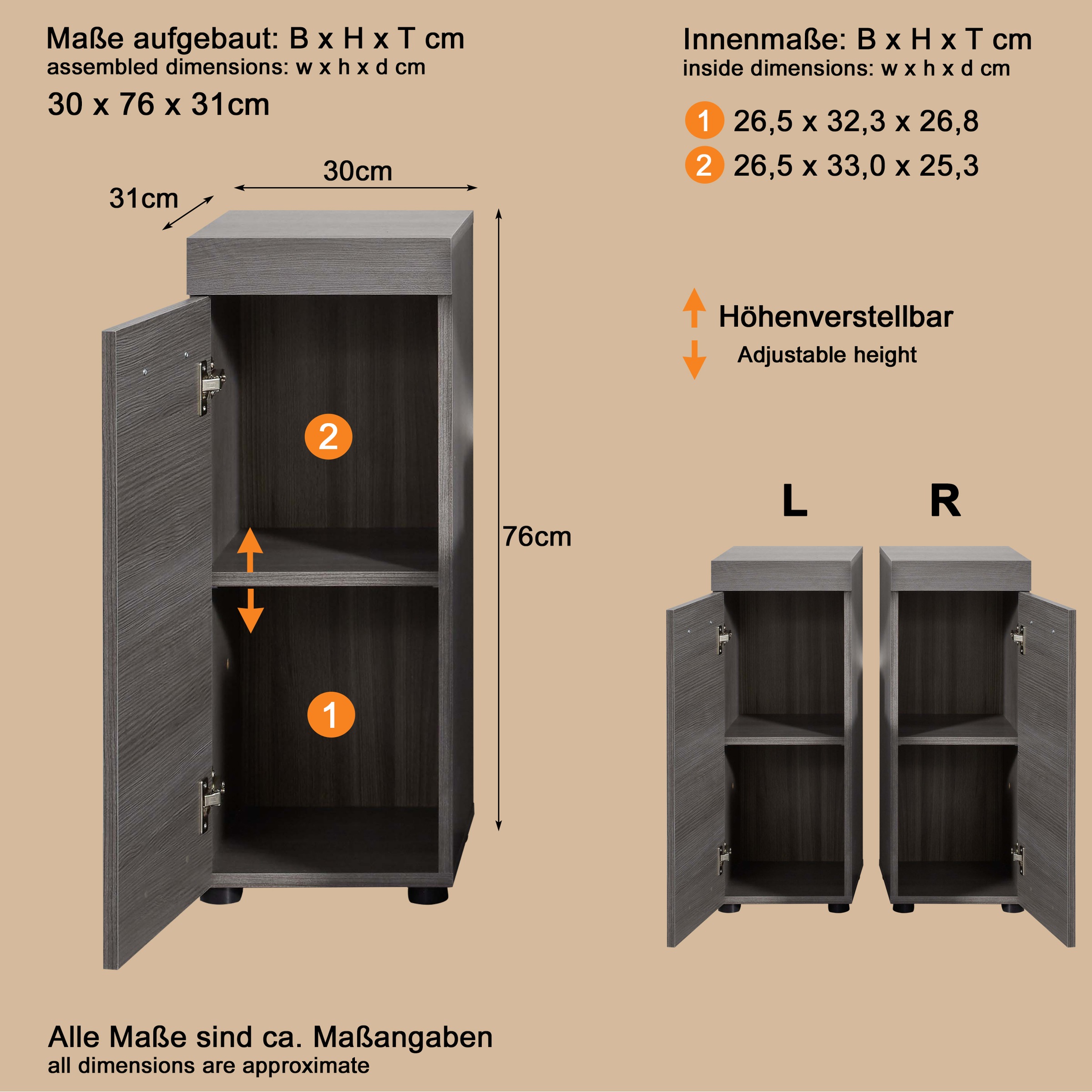 Thumbnail - welltime Stauraumschrank "Royan" Badkommode mit 2 Fächern in Rauchsilber - Maße (B/T/H) 30/30/76 cm