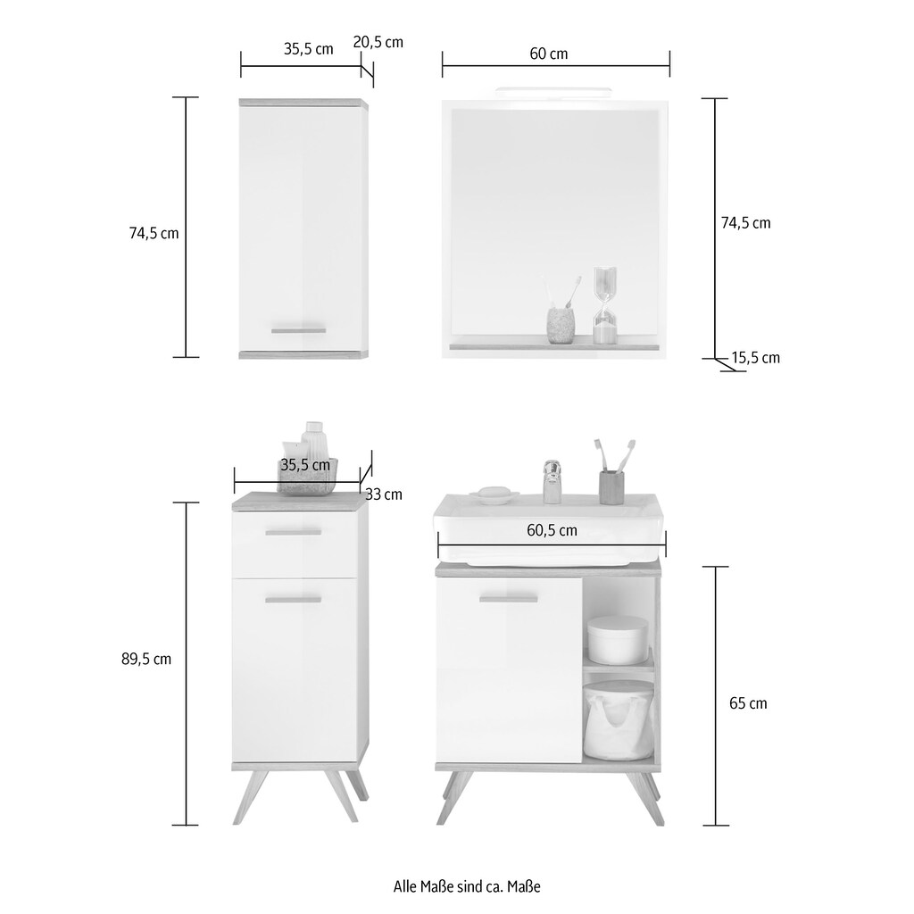 Saphir Badmöbel-Set »Quickset 4-teilig, Waschbeckenunterschrank mit LED-Spiegel«, (5 St.)