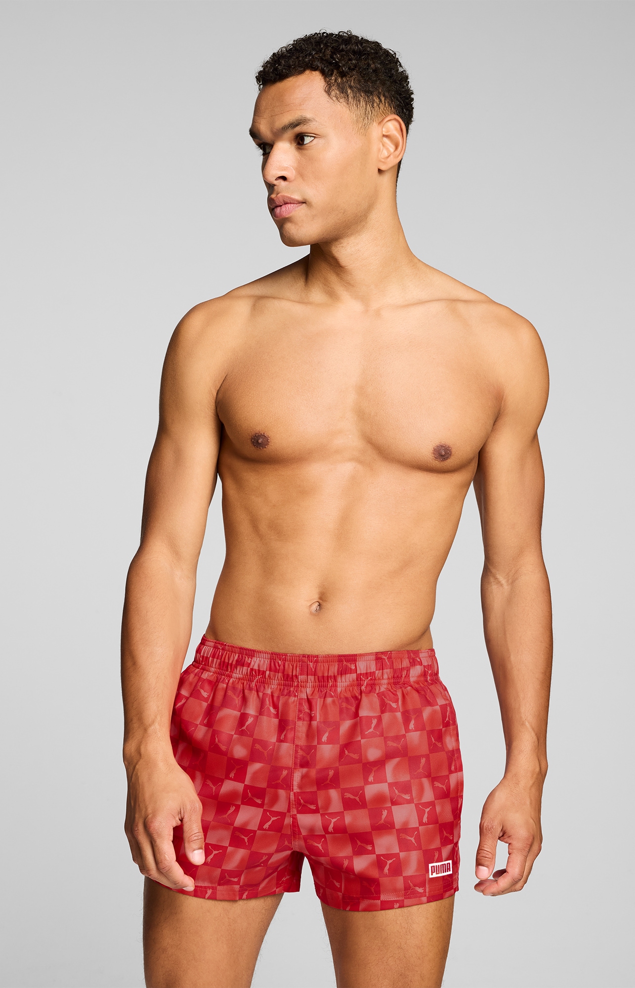 PUMA Herren Badeshorts "PUMA SWIM MEN PRINTED CAT SHORT SHORTS"rot glamour combo, Gr. M, Web, Obermaterial: 100% Polyester, Badehosen, mit Gummizug
