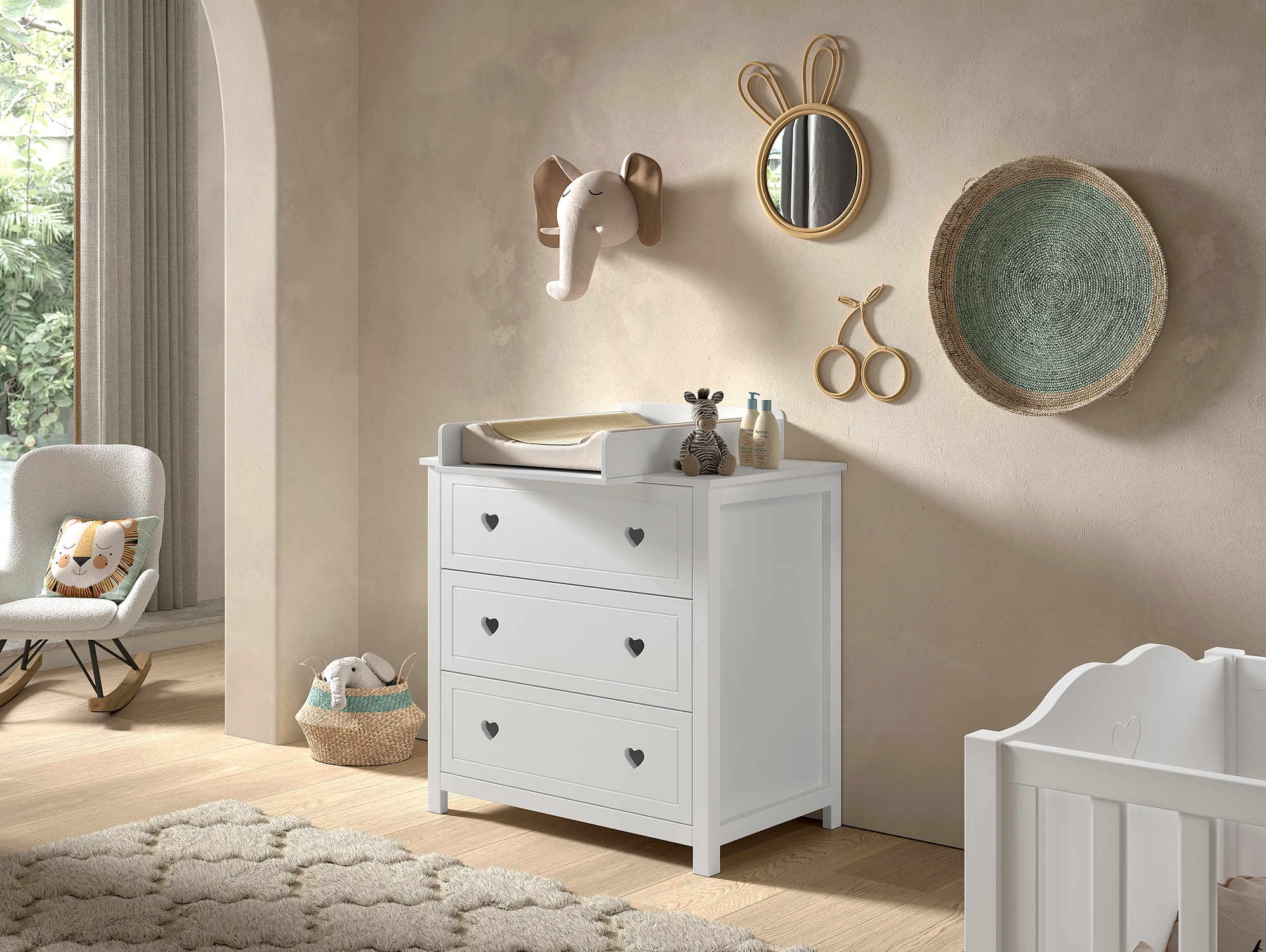 Vipack Kommode »Amori mit 3 geräumigen Schubladen, hier haben Sie alles griffbereit«, (2 St.), inkl. Wickelaufsatz aus massiver Kiefer, Kommode aus MDF weiß lackiert