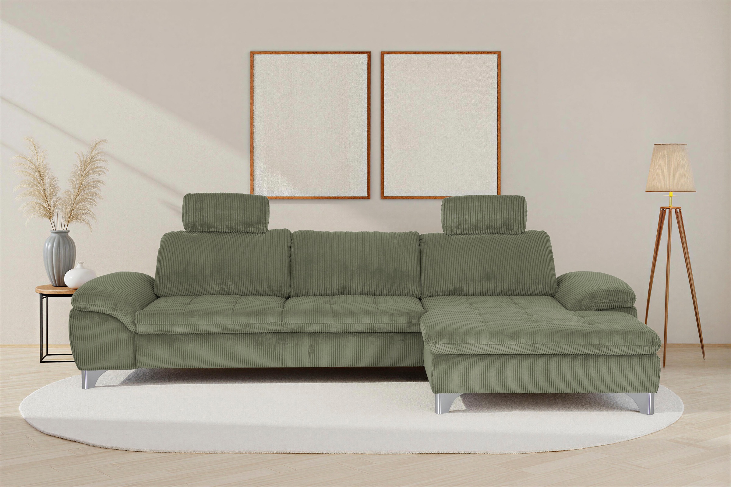 Die PlanBar Ecksofa "Recamiere MP-IN14007 L-Form, Breite 318 cm" wahlweise mit Schlaffunktion und verstellbaren Kopfstützen