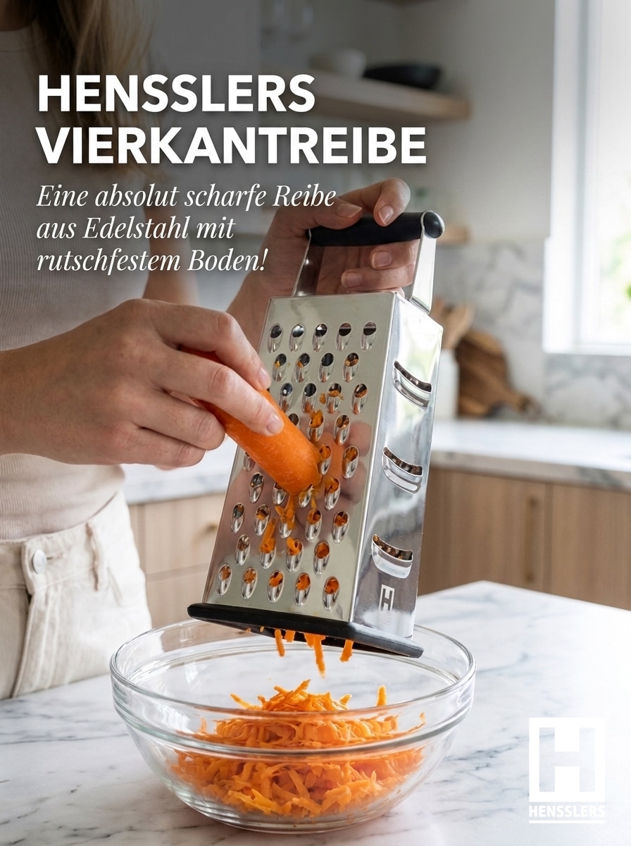 HENSSLERS Vierkantreibe »HENSSLERS Küchenreibe« eine absolut scharfe Reibe aus Edelstahl mit rutschfestem Boden
