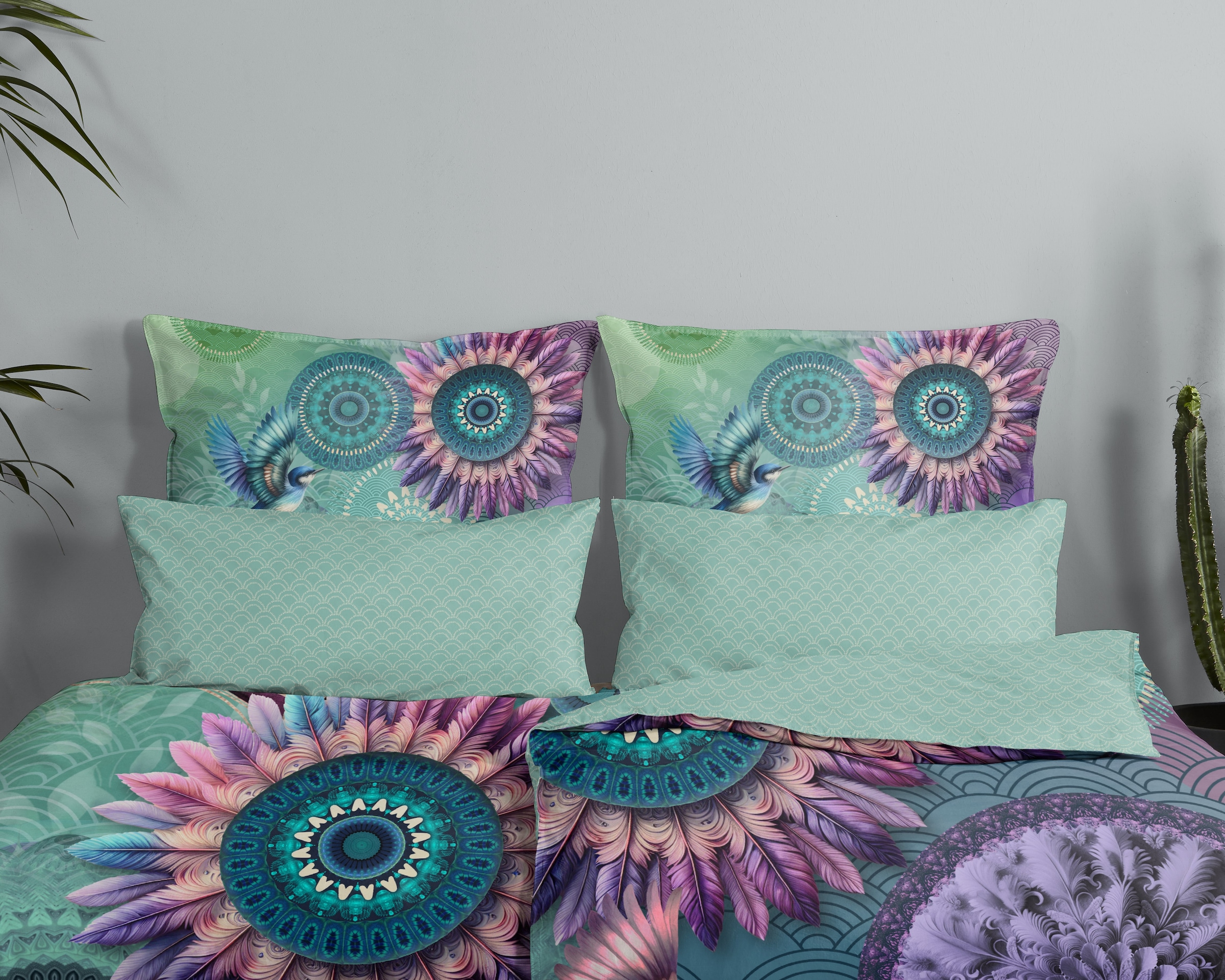 hip Wendebettwäsche »Vespera« 2 Satin, Reißverschluss, Wendeoptik, Mandala, Vogel, grün